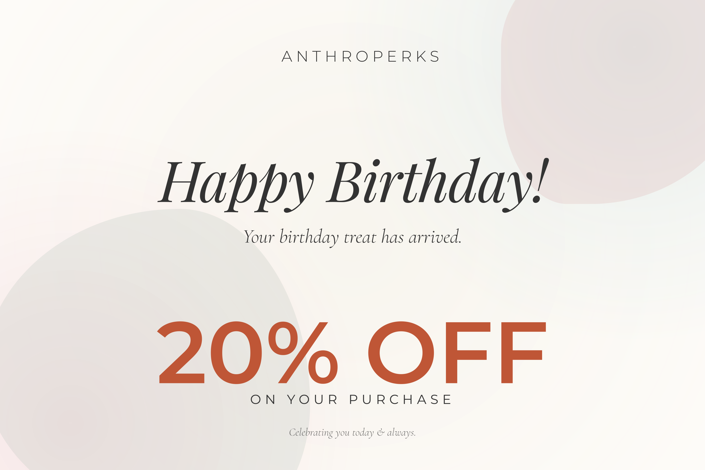 Anthropologie’s AnthroPerks Birthday Discount Reward Postcard — page 1