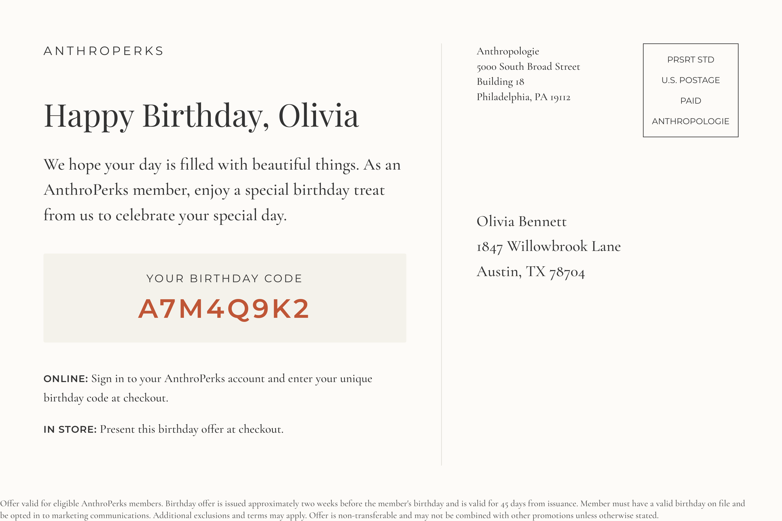 Anthropologie’s AnthroPerks Birthday Discount Reward Postcard — page 2