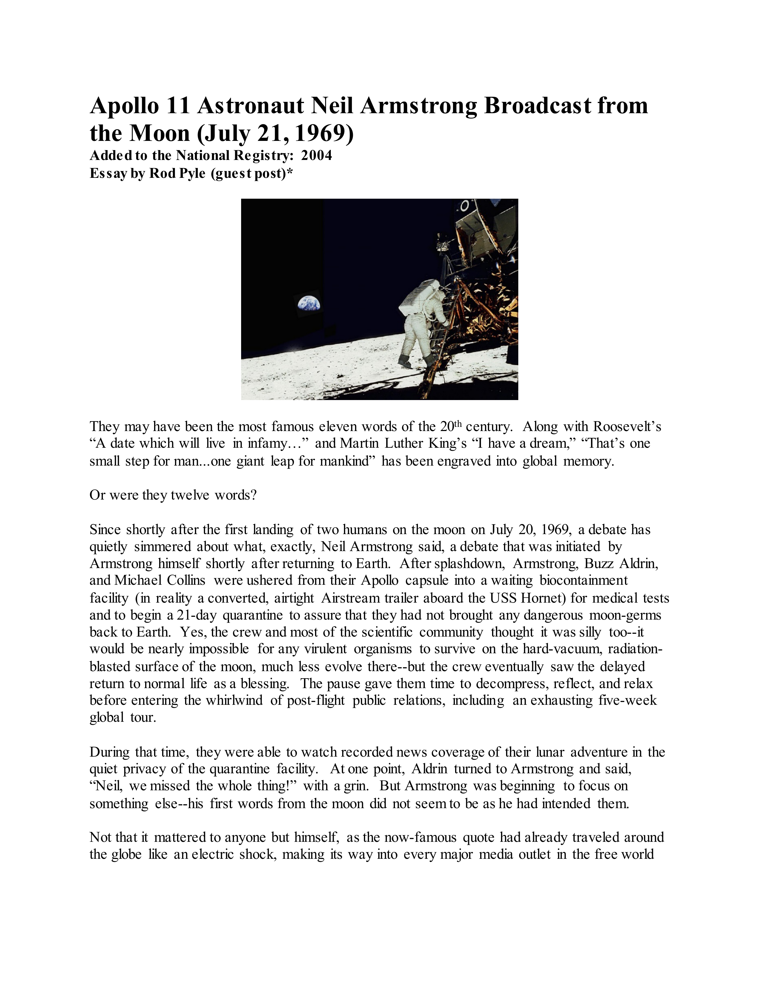 Apollo 11 Armstrong Broadcast Essay — page 1