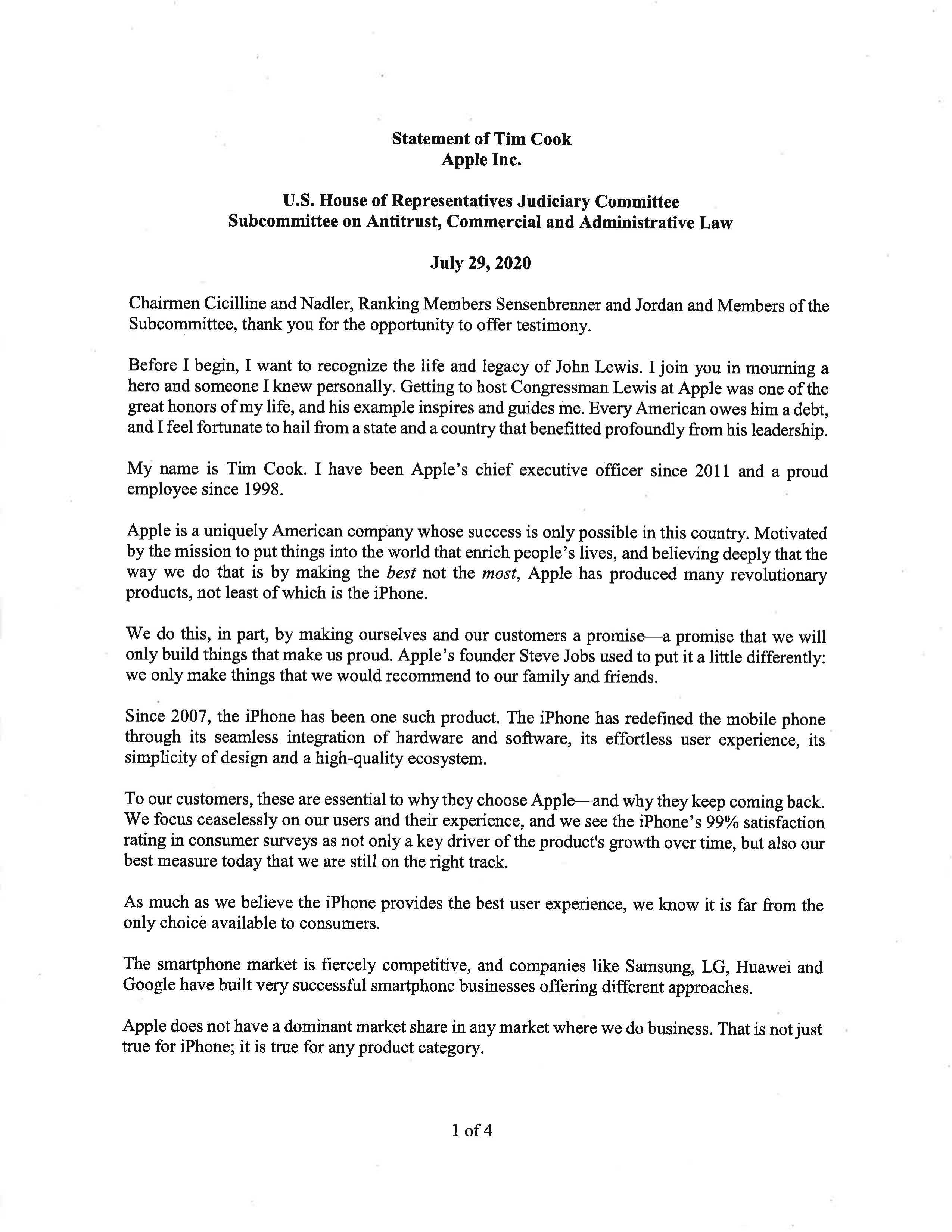 Apple Congressional Opening Statement — page 1