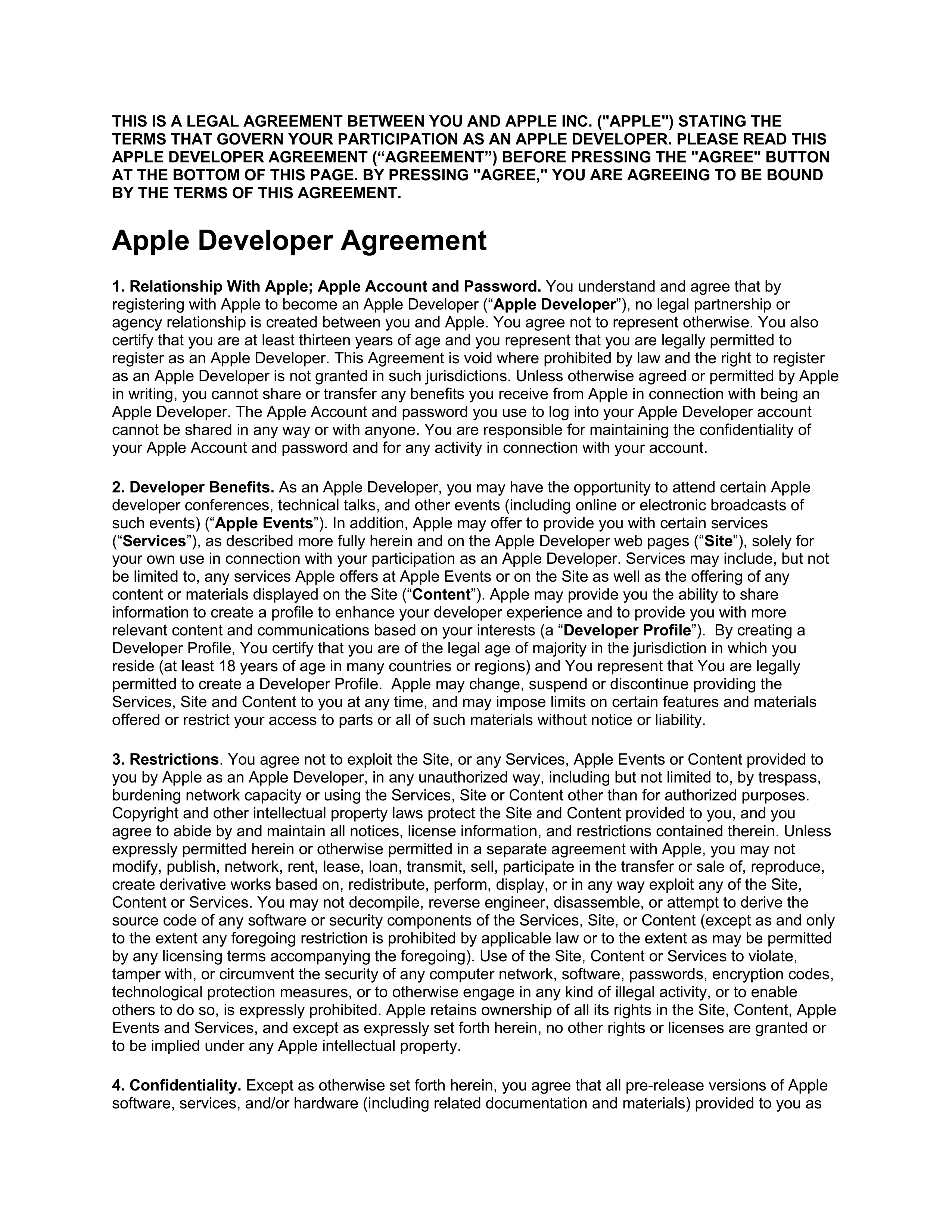 Apple Developer Agreement — page 1