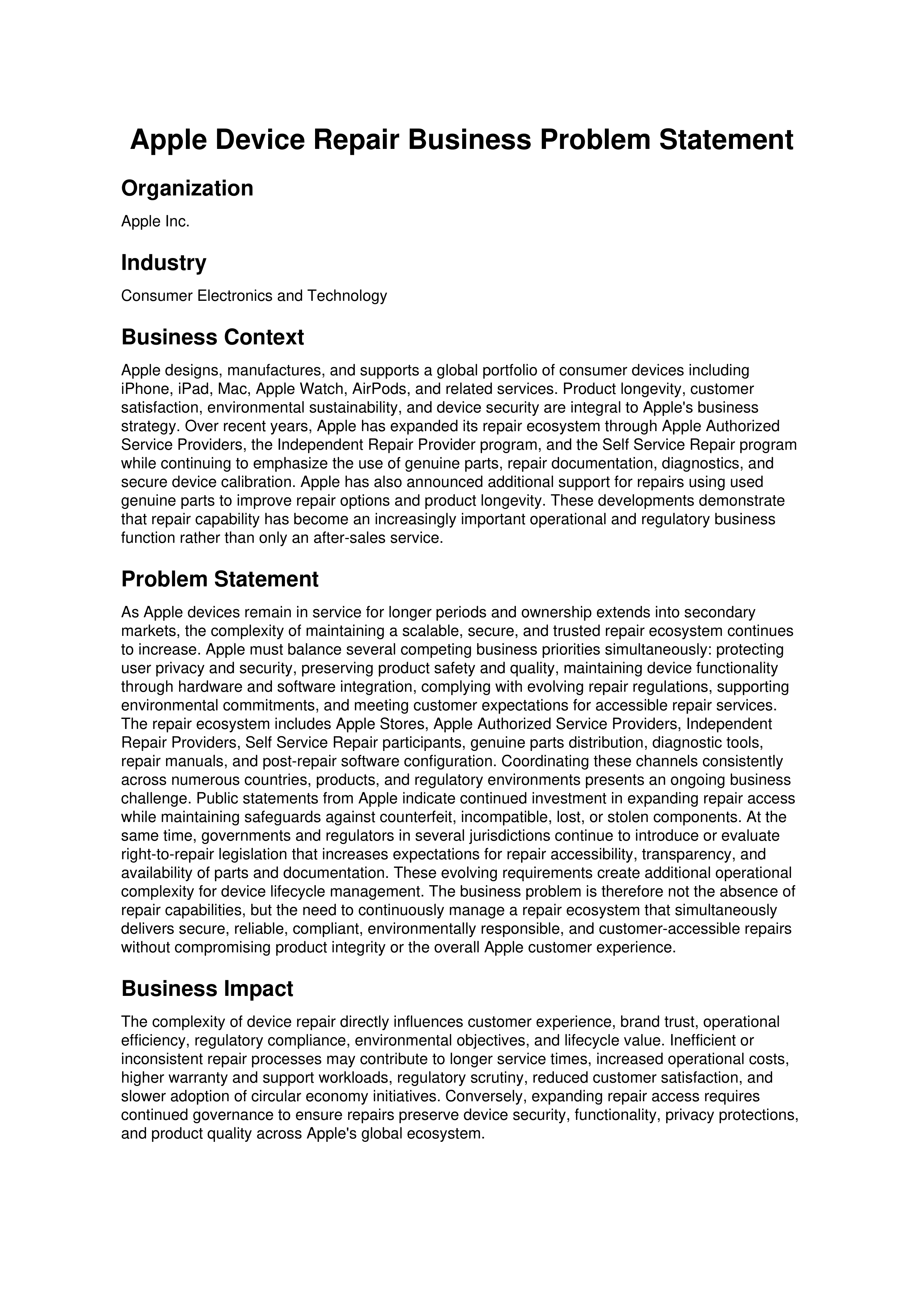 Apple Device Repair Problem Statement — page 1