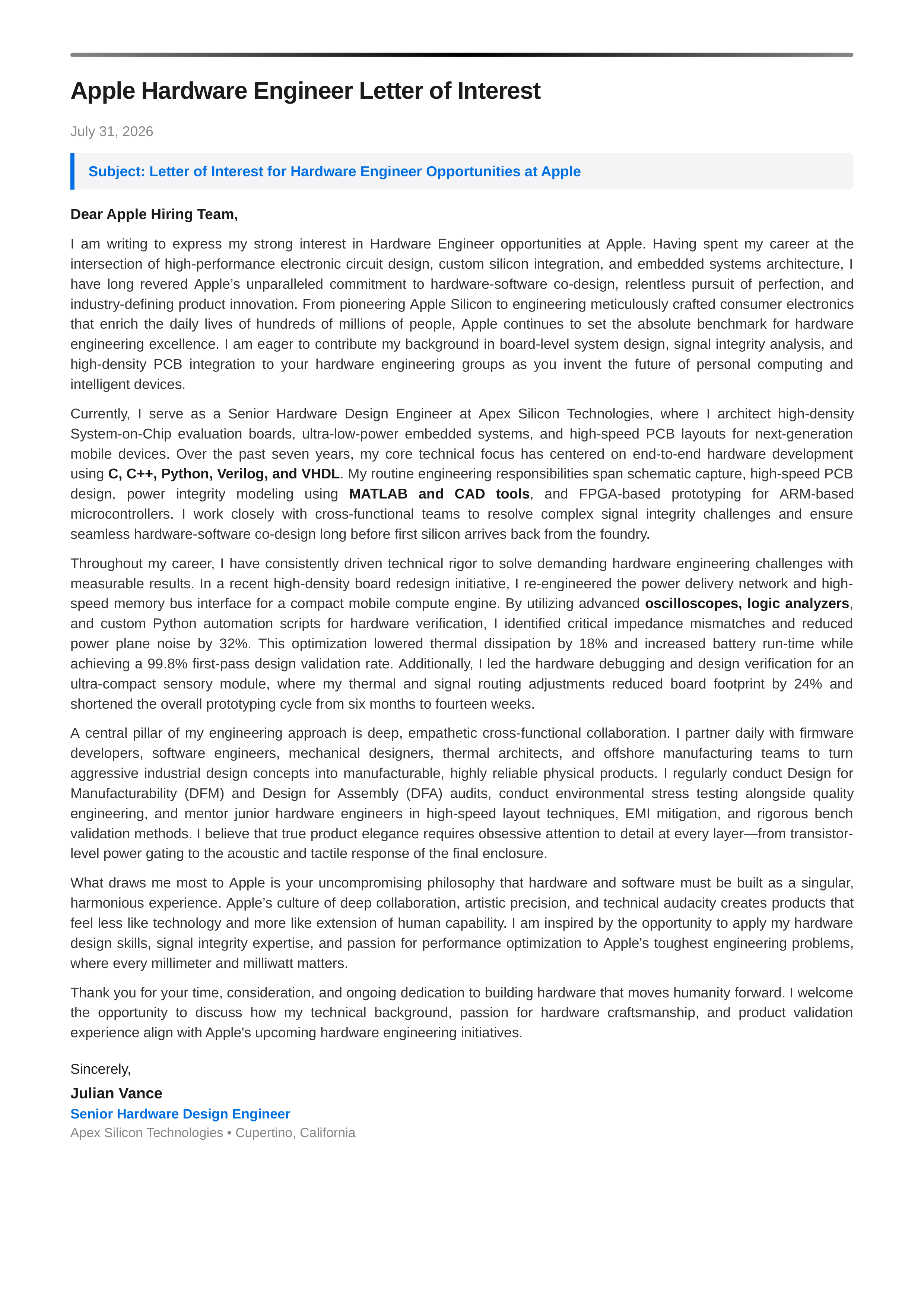 Apple Hardware Engineer Letter of Interest — page 1