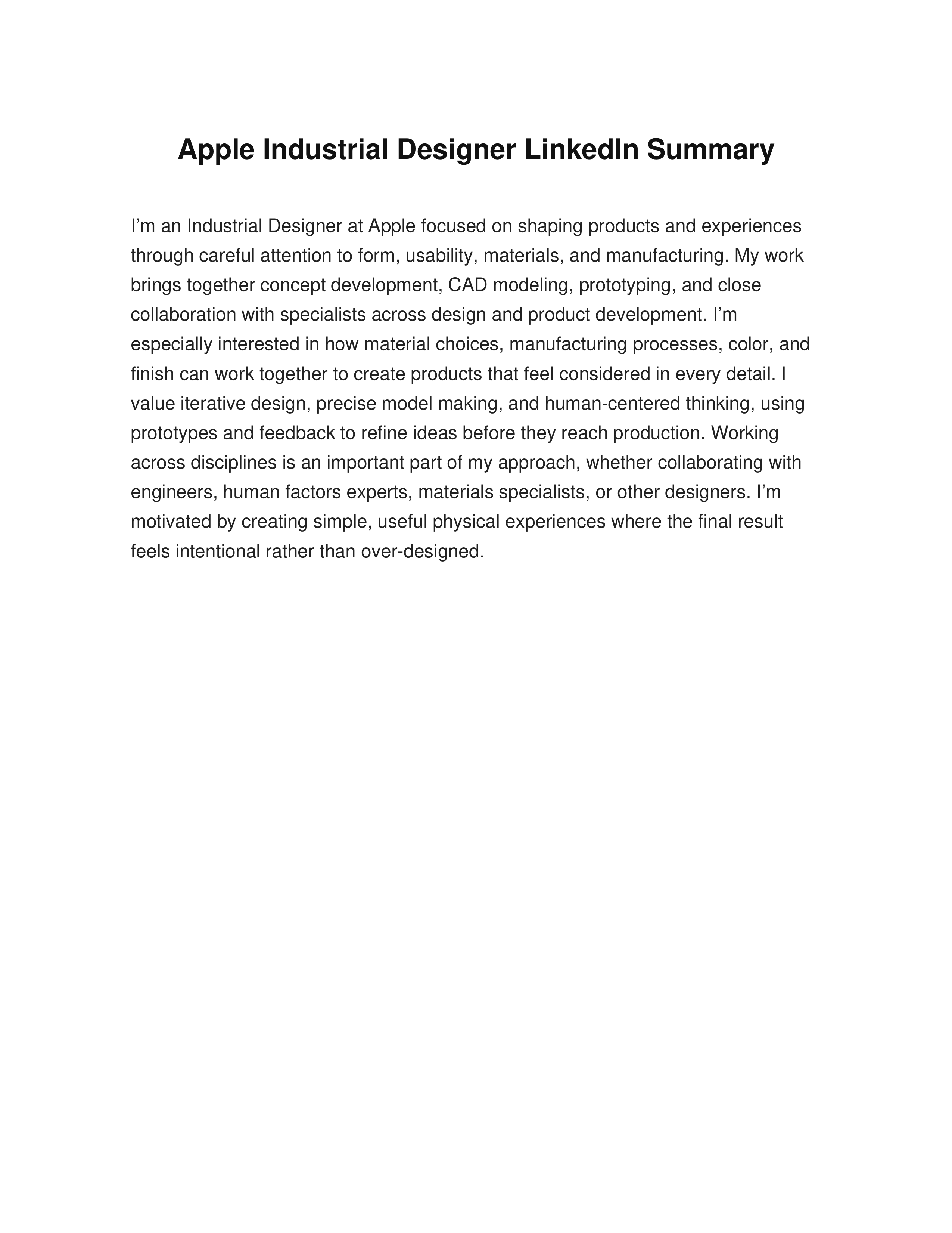 Apple Industrial Designer LinkedIn Summary — page 1