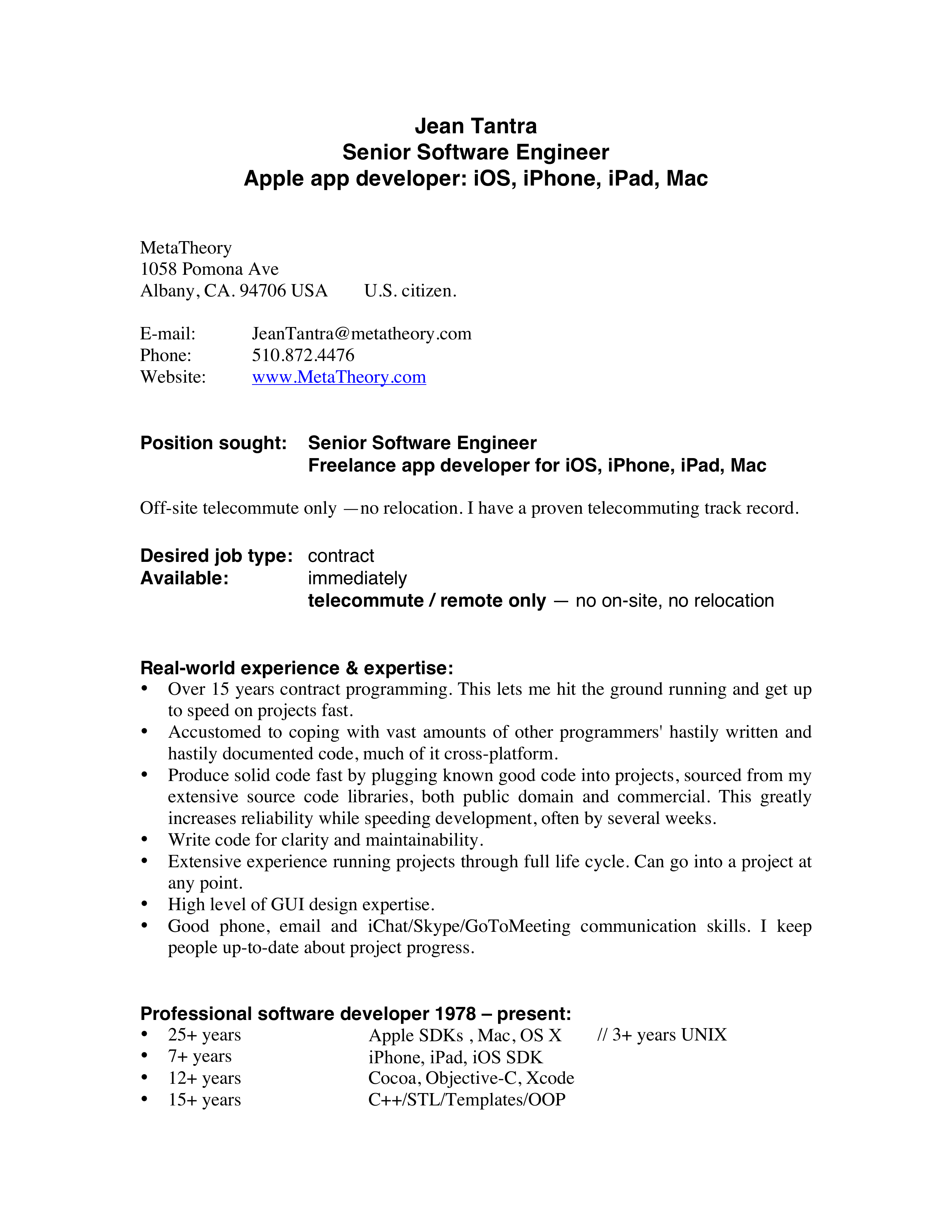 Apple Mobile App Developer Resume — page 1