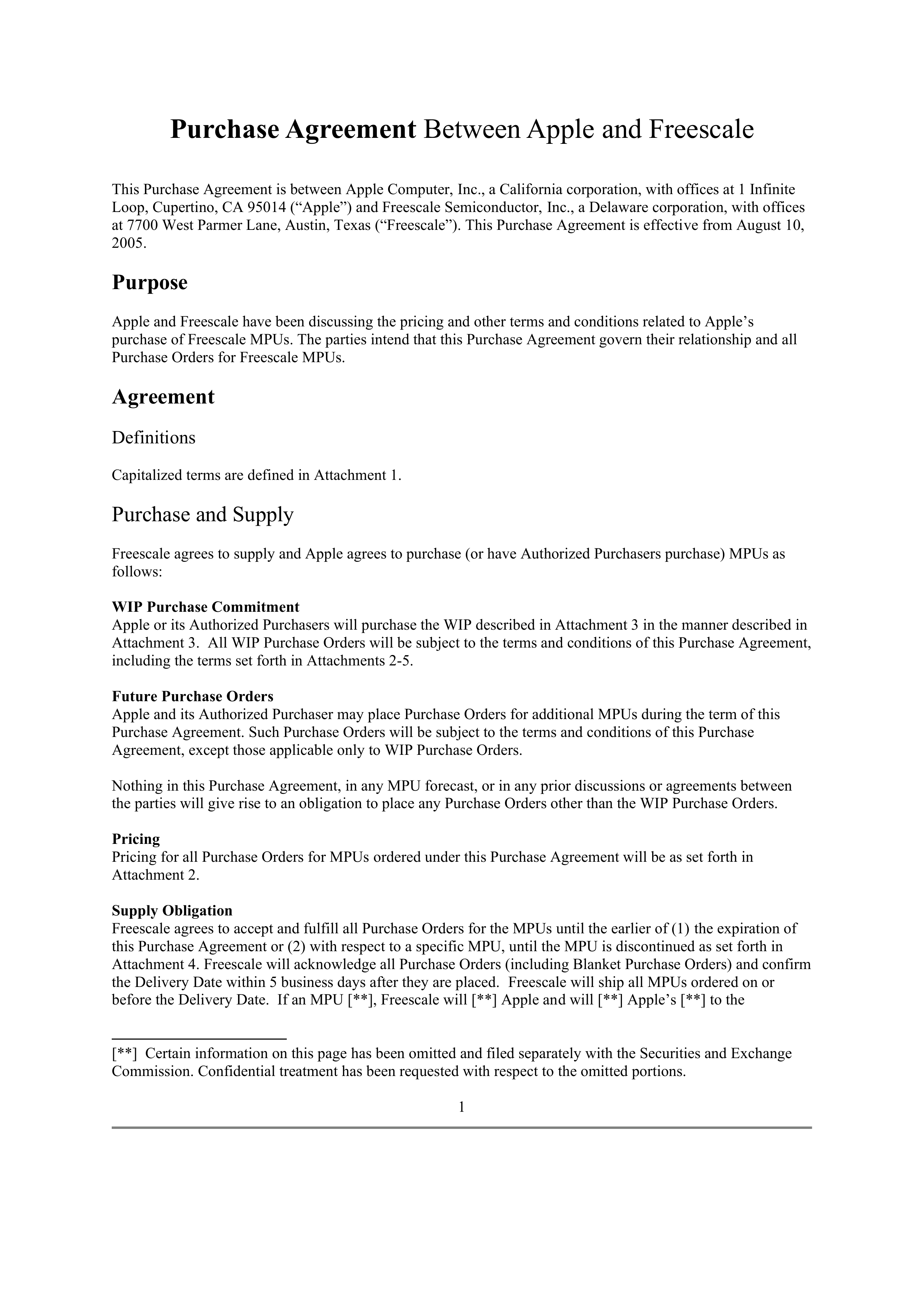 Apple Purchase Agreement Between Apple and Freescale — page 1