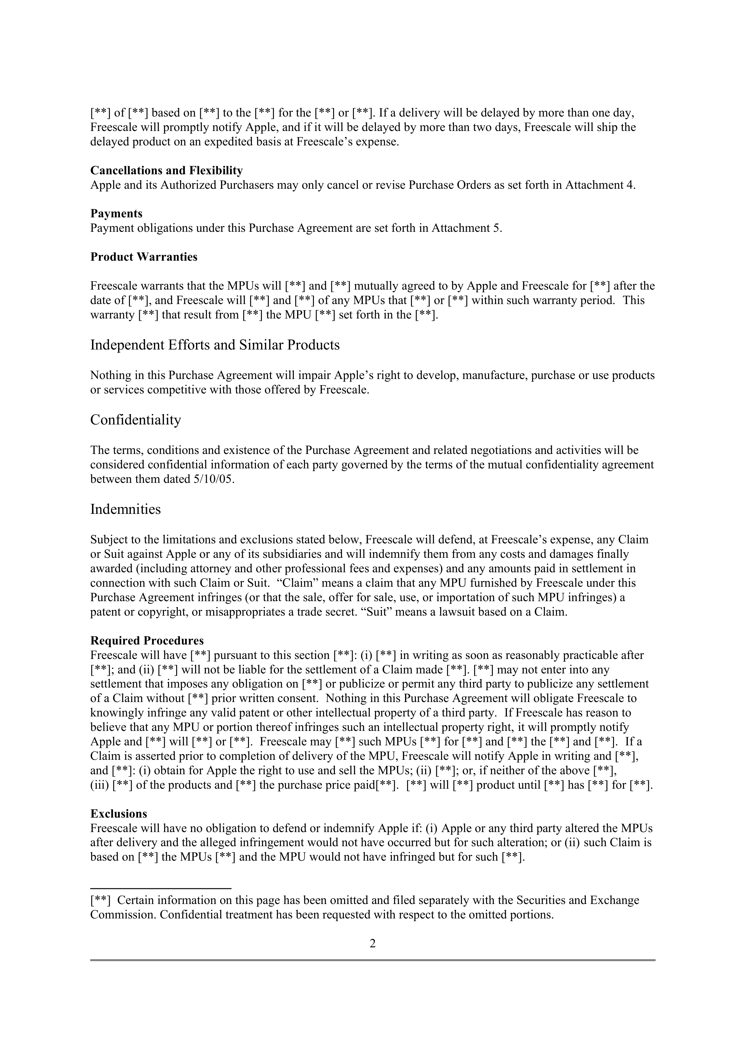 Apple Purchase Agreement Between Apple and Freescale — page 2