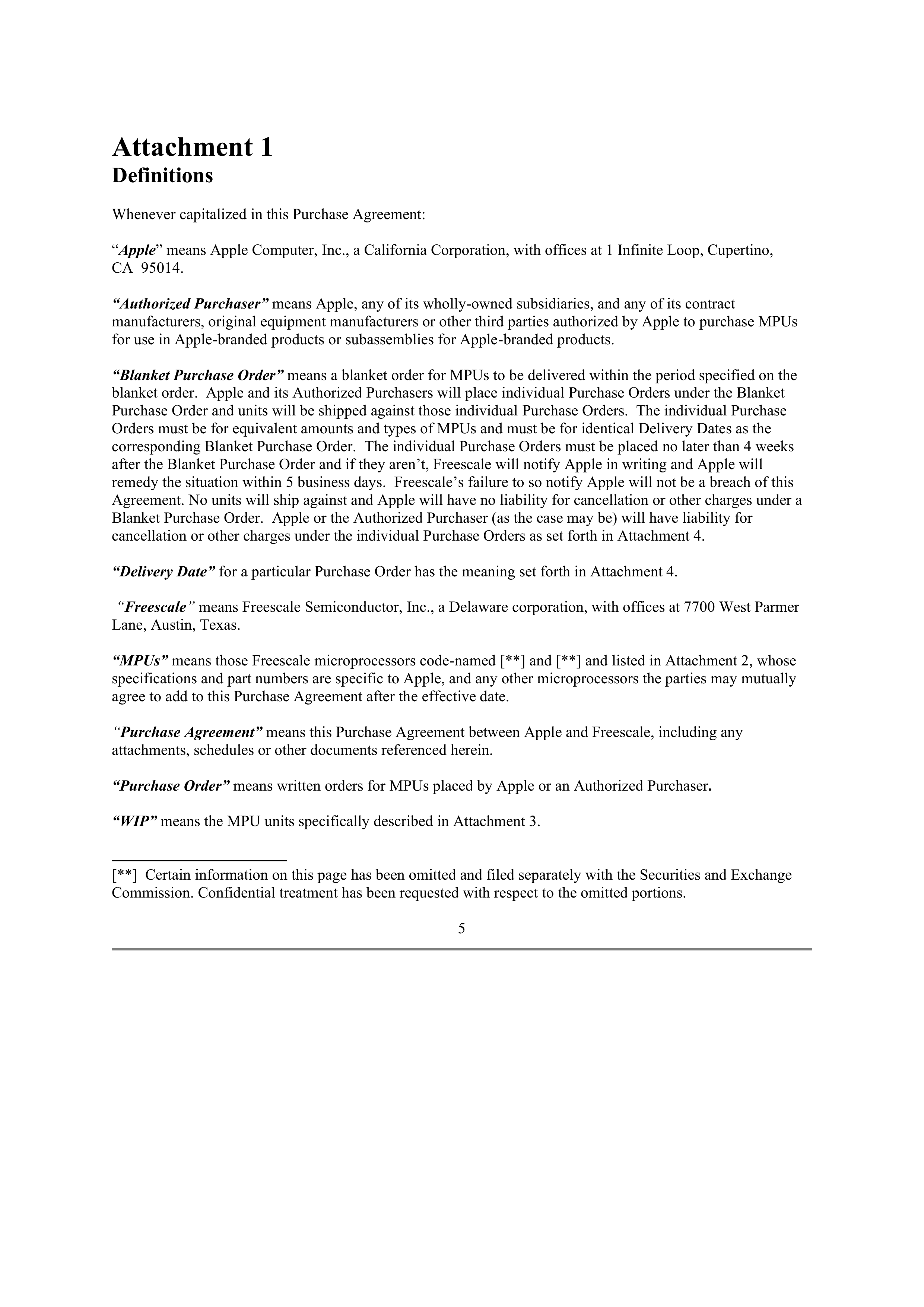 Apple Purchase Agreement Between Apple and Freescale — page 6