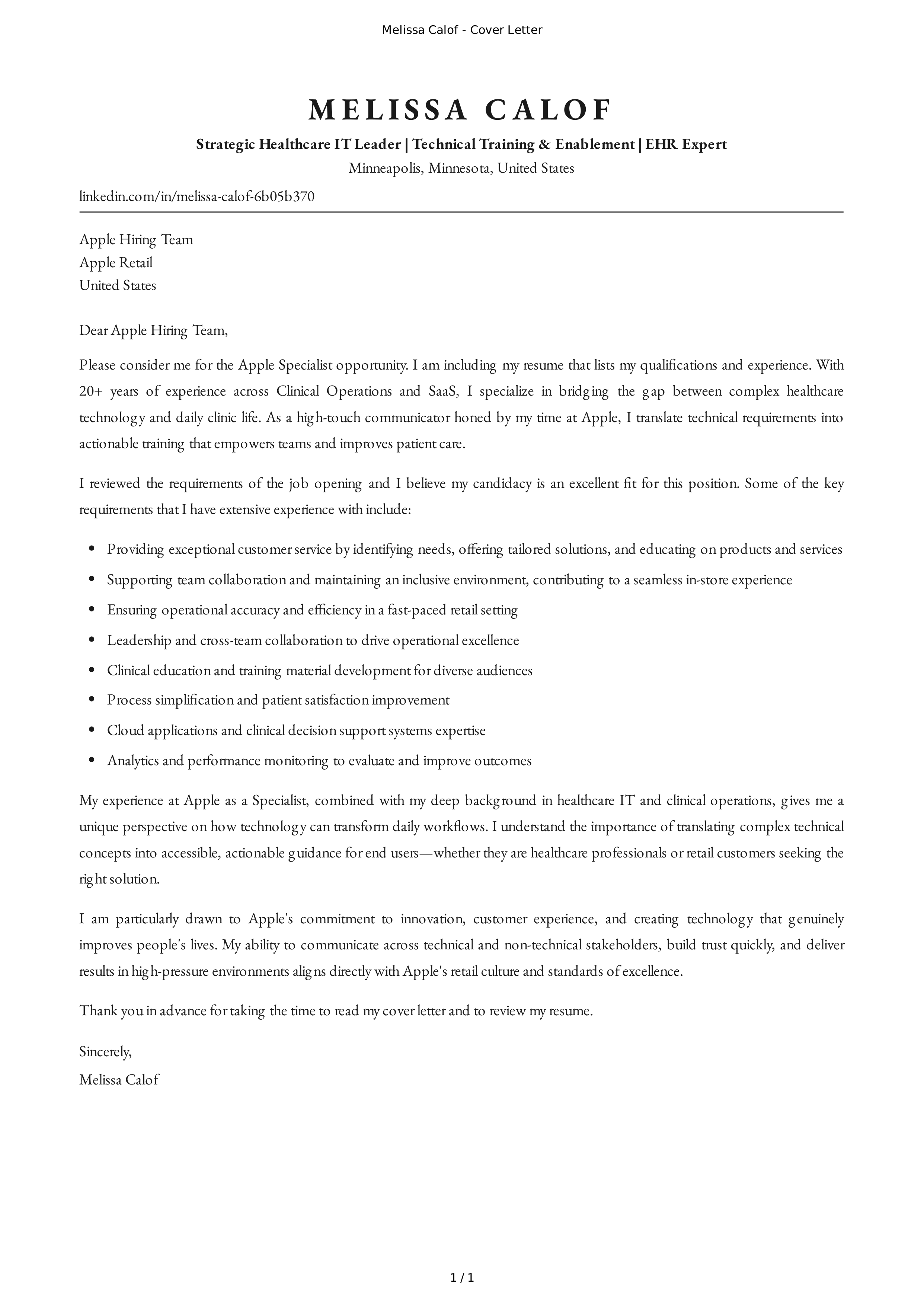 Apple Retail Specialist Cover Letter — page 1