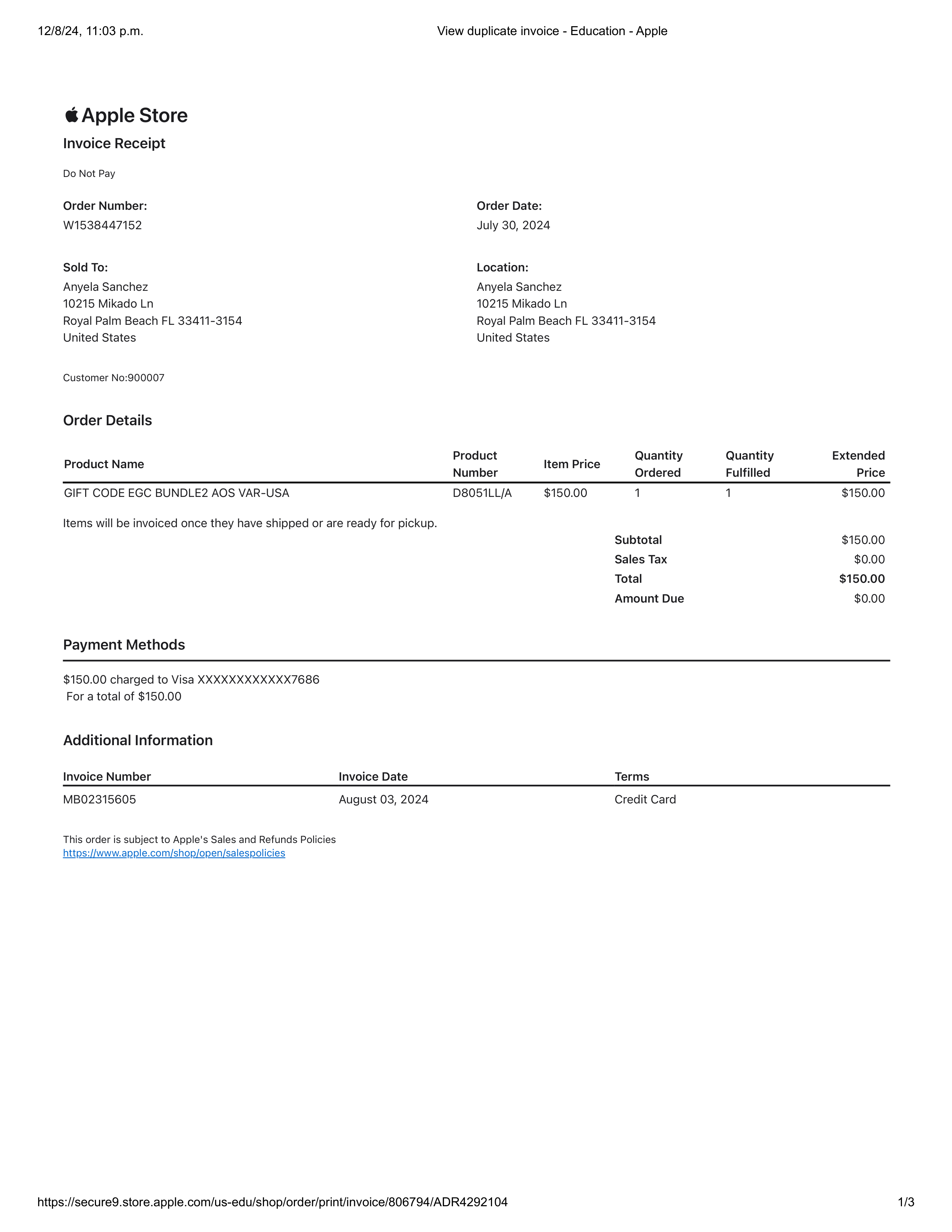 Apple Store Invoice — page 1