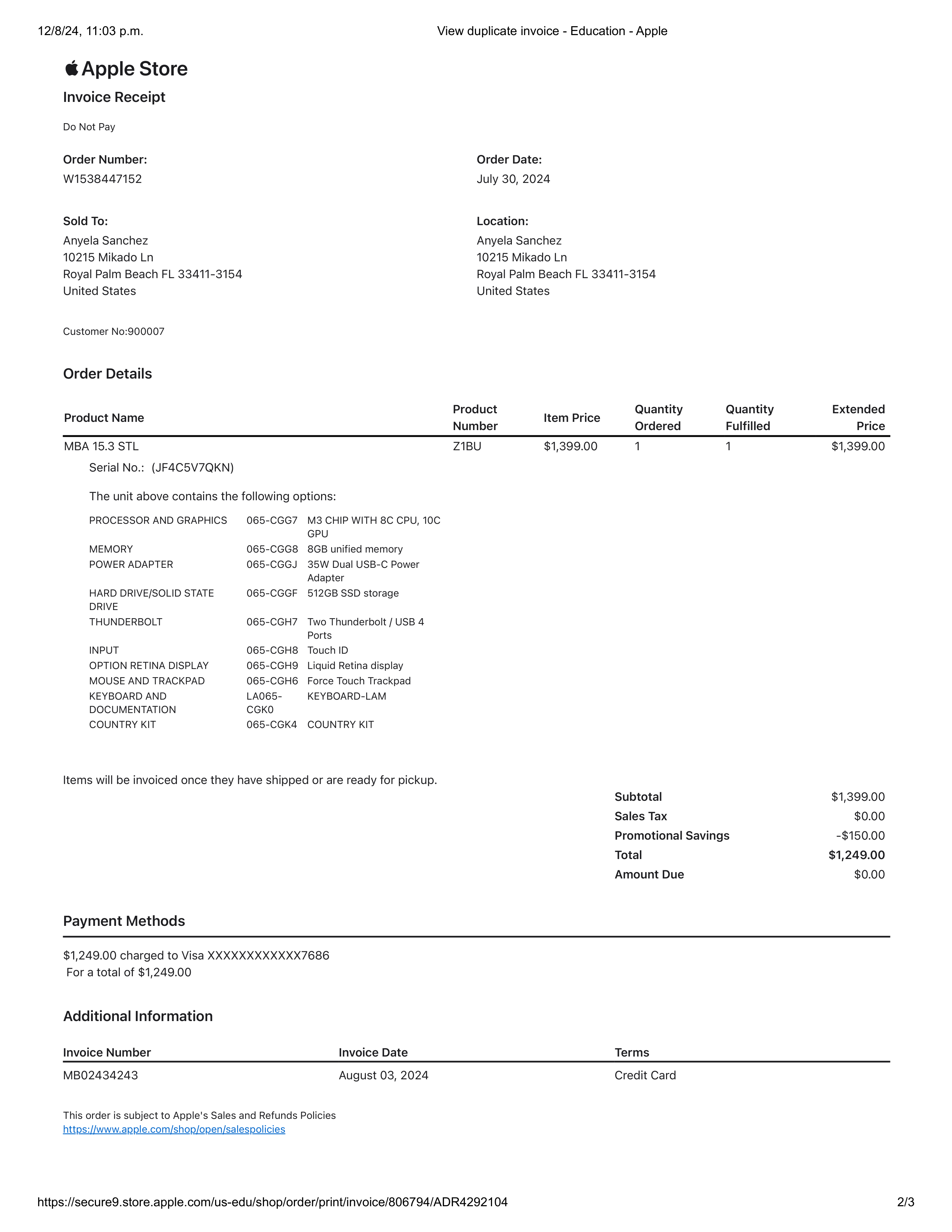 Apple Store Invoice — page 2