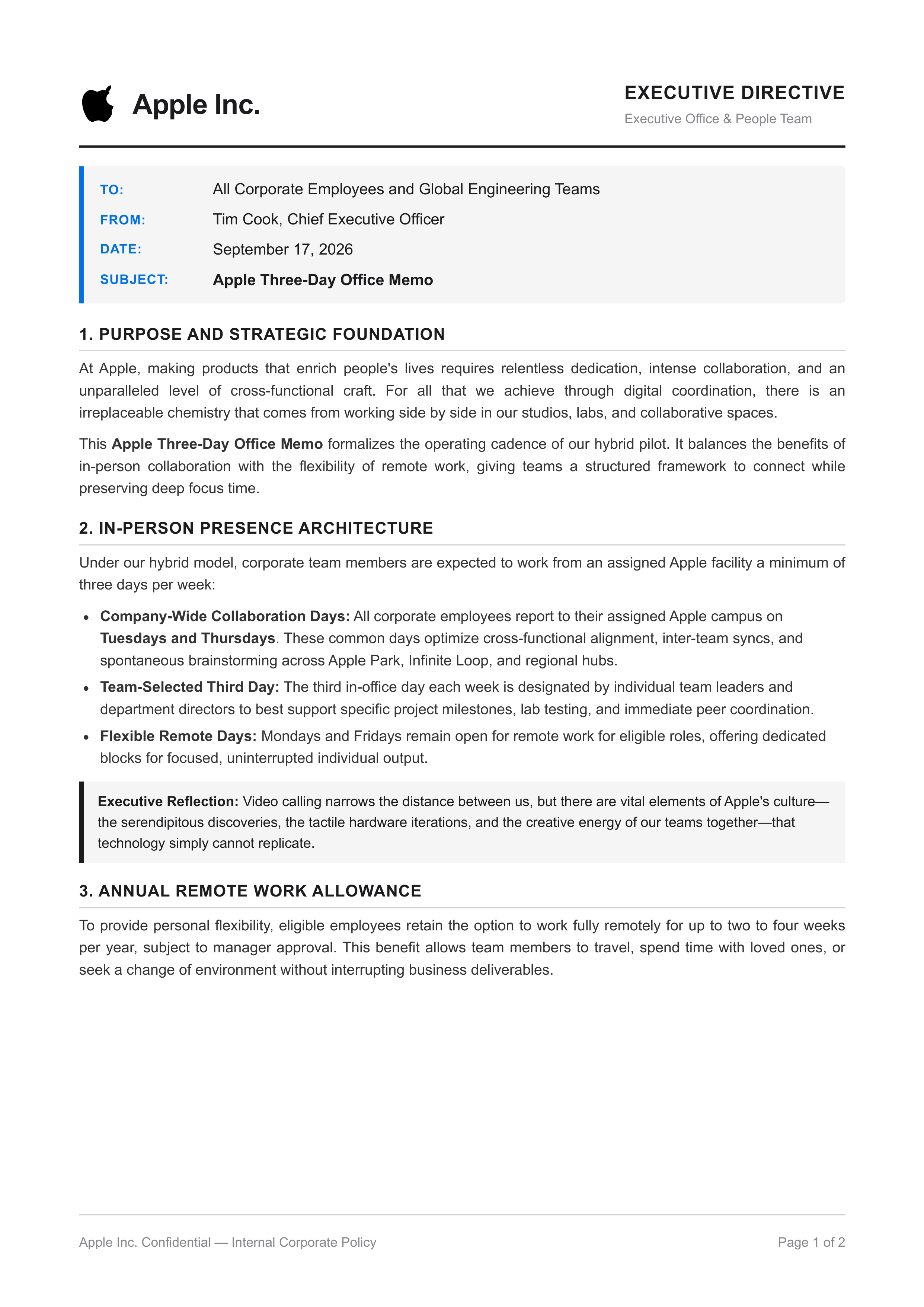 Apple Three-Day Office Memo – AI Memo Generator | Examples.com