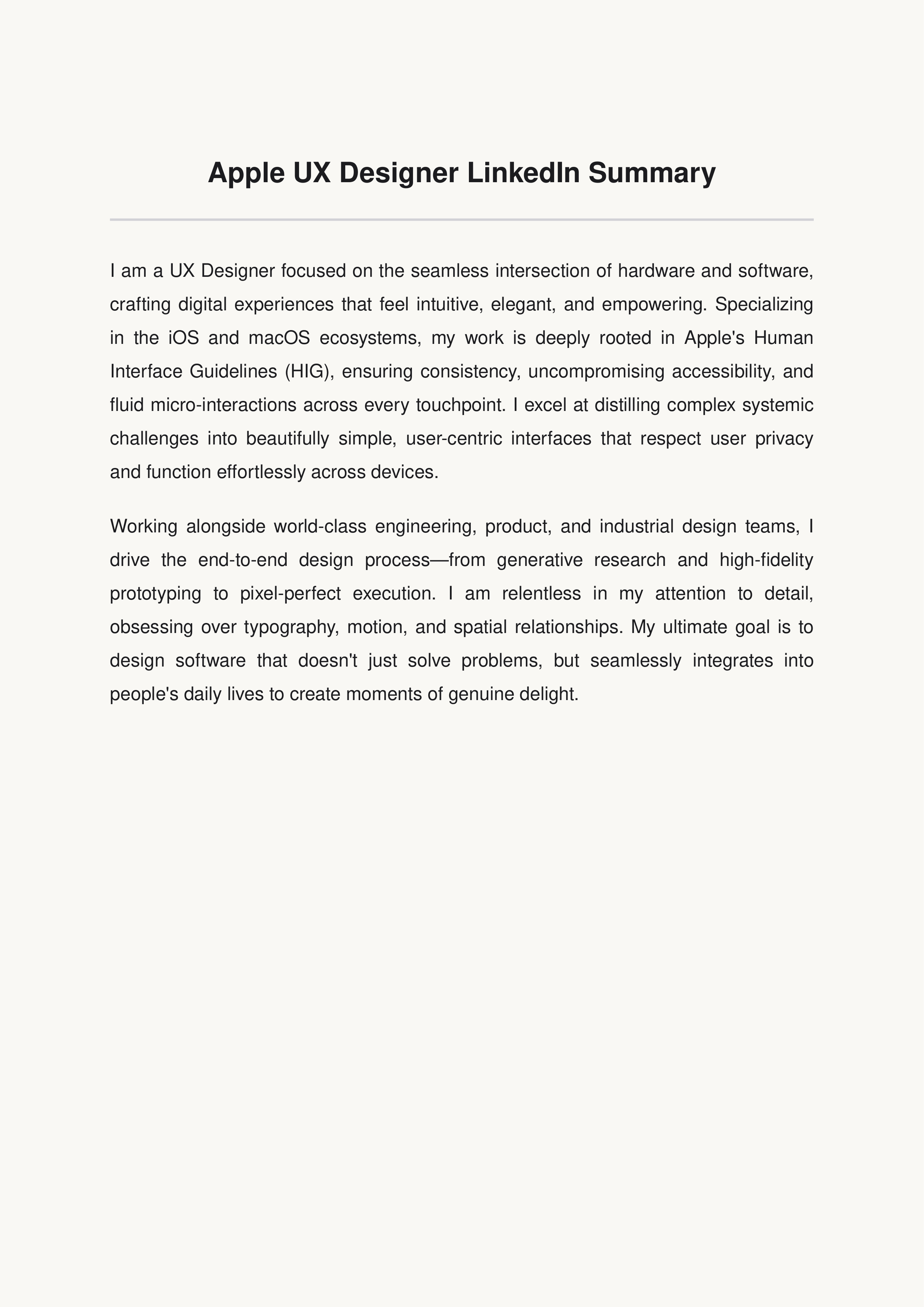Apple UX Designer LinkedIn Summary — page 1