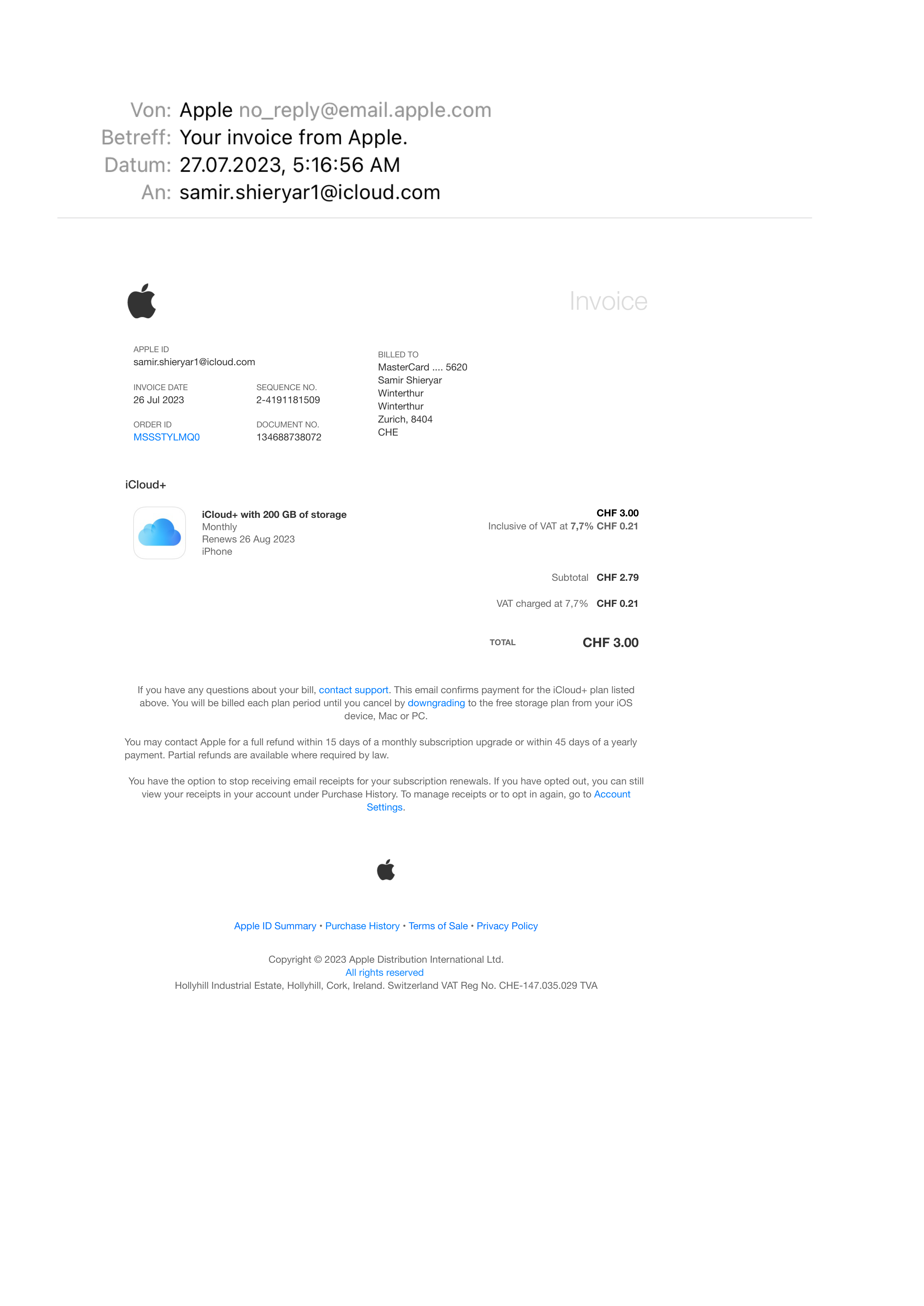 Apple Subscription Invoice — page 1