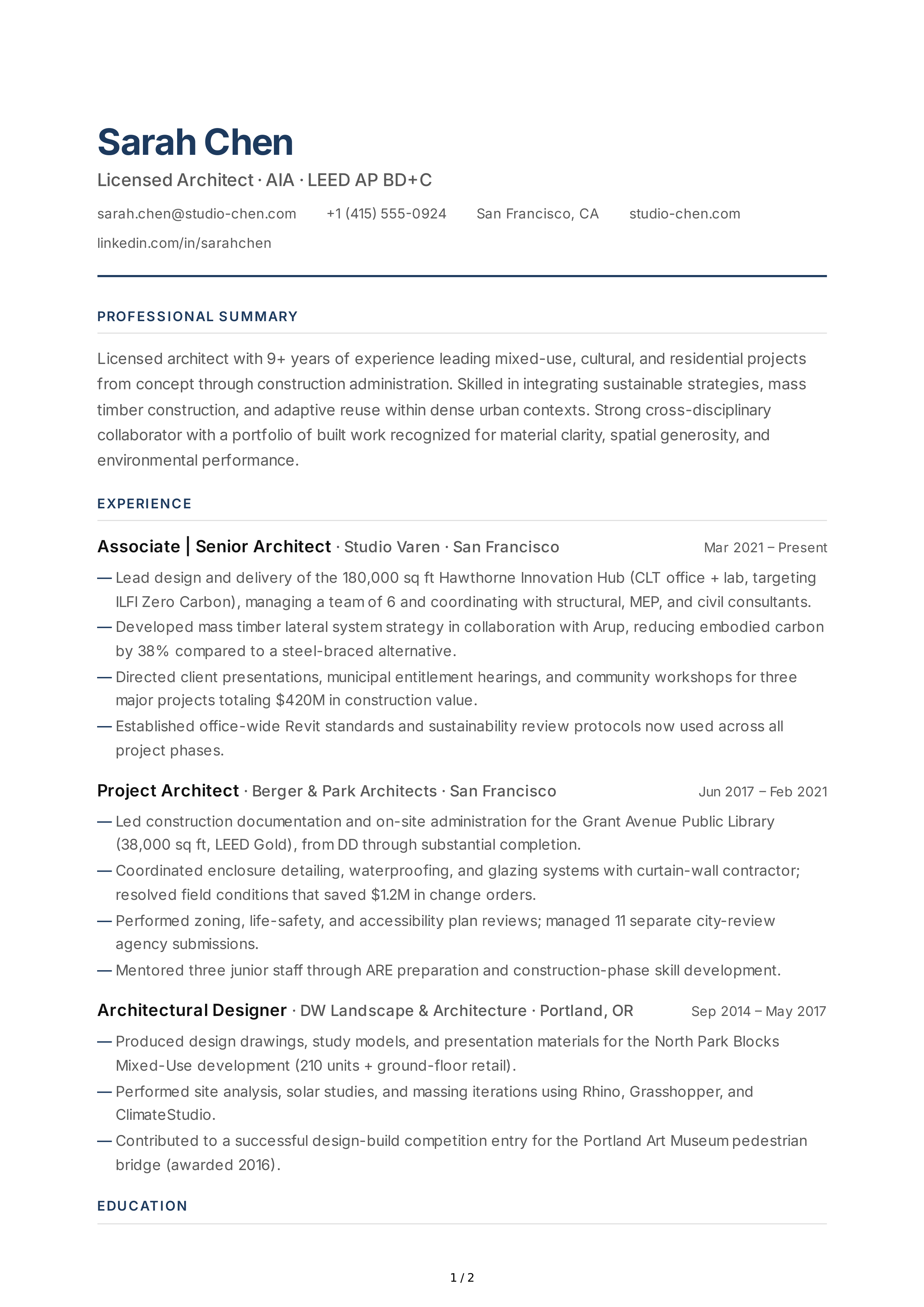 Architect CV — page 1