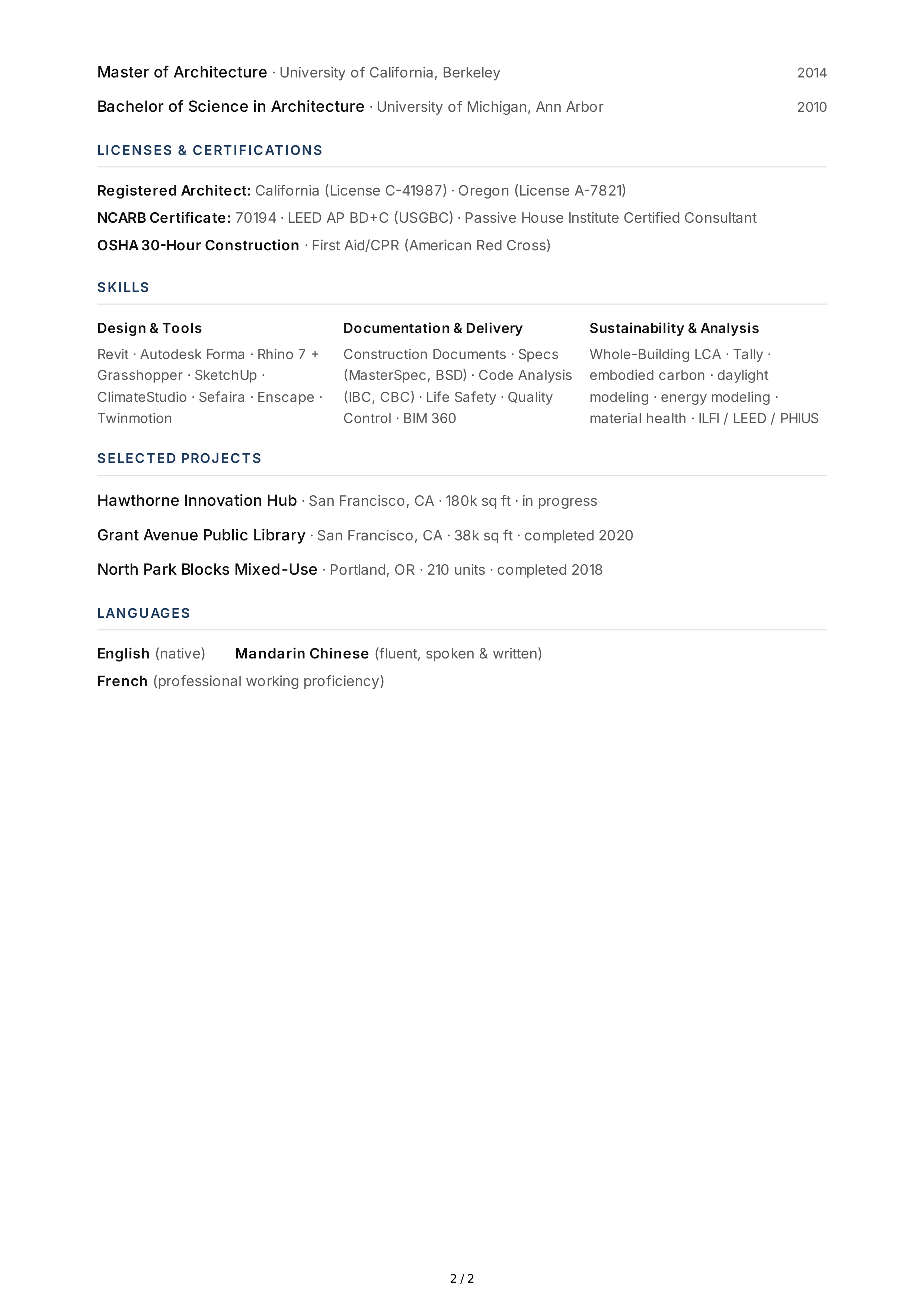 Architect CV — page 2