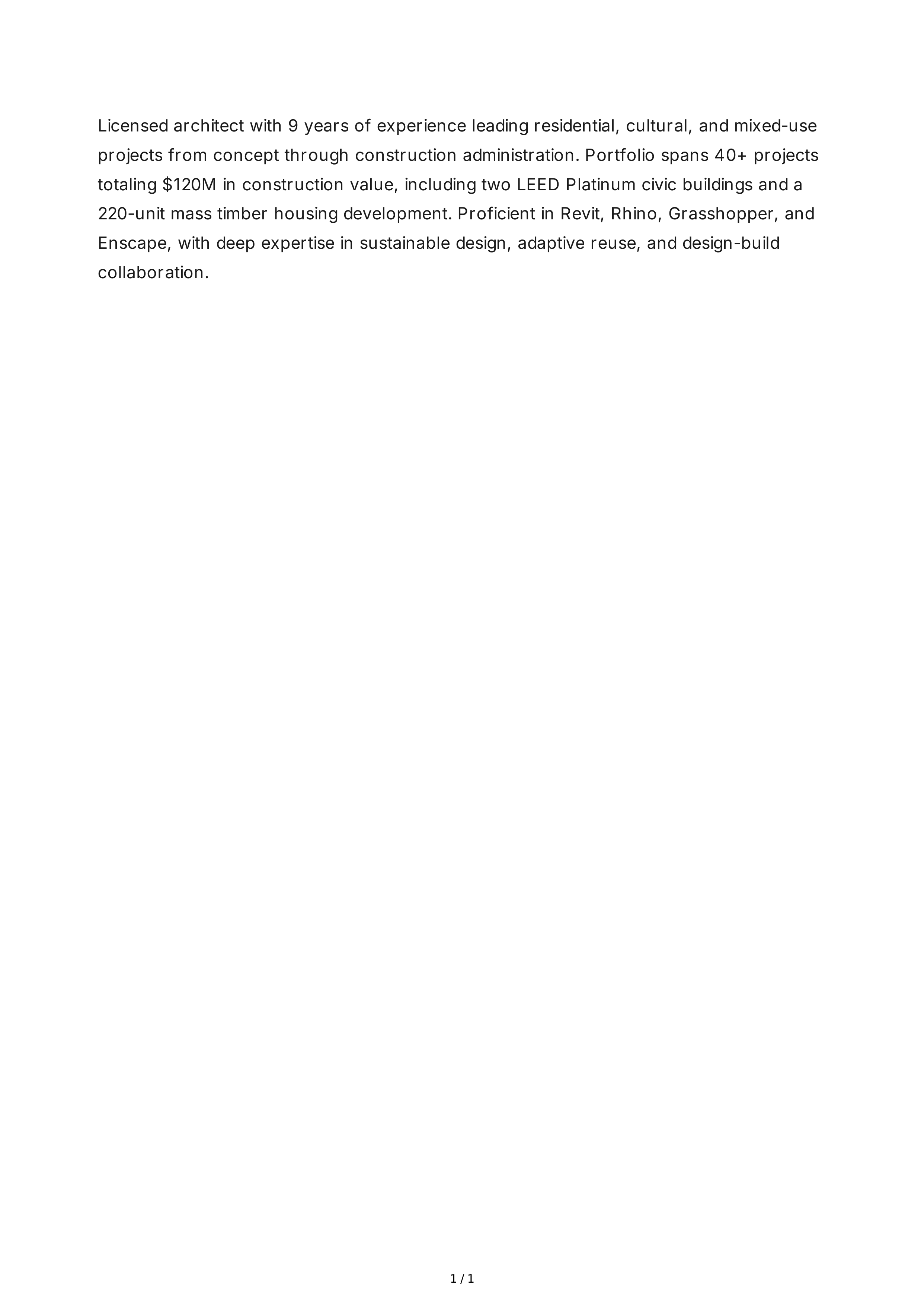 Architect Resume Summary — page 1