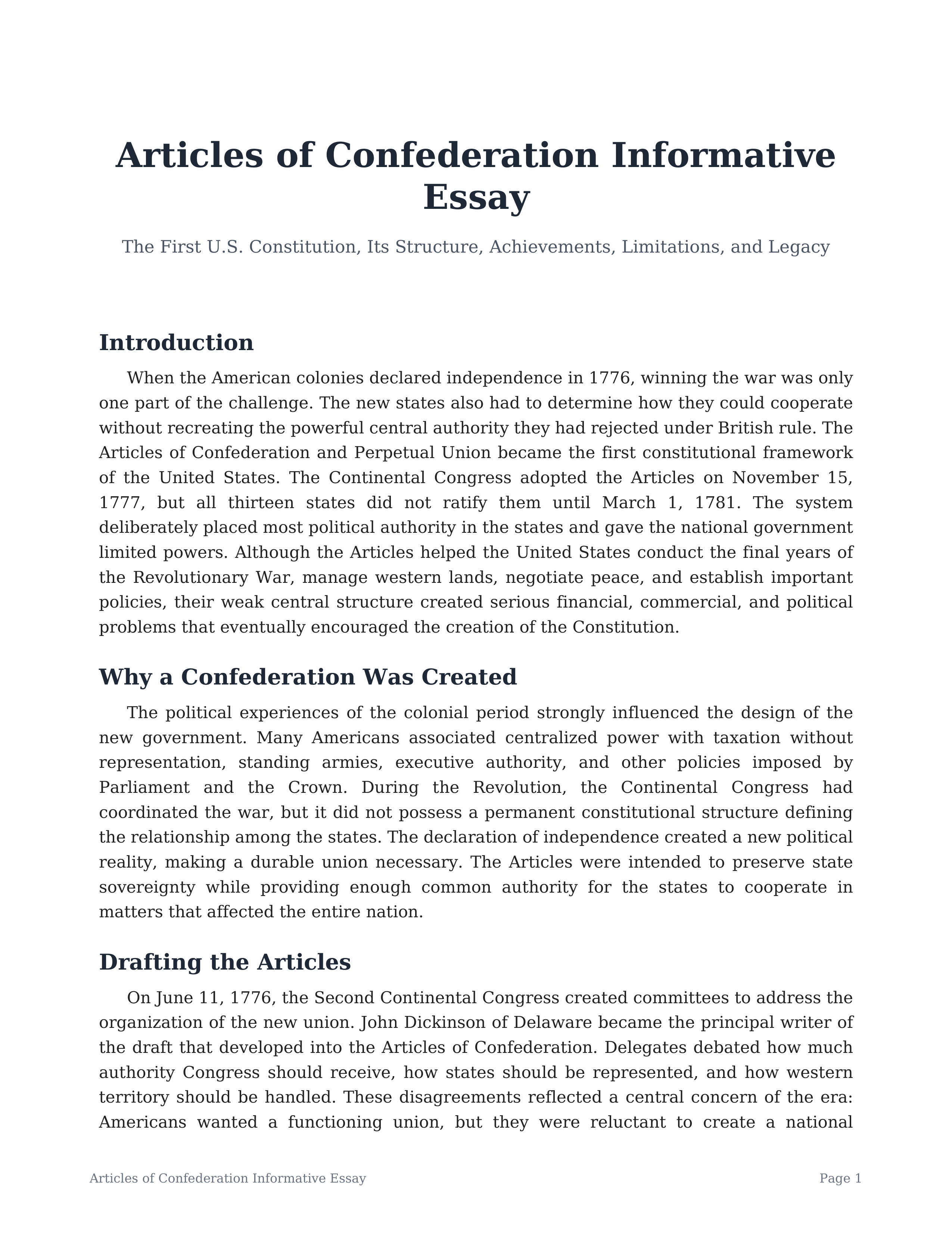 Articles of Confederation Informative Essay — page 1