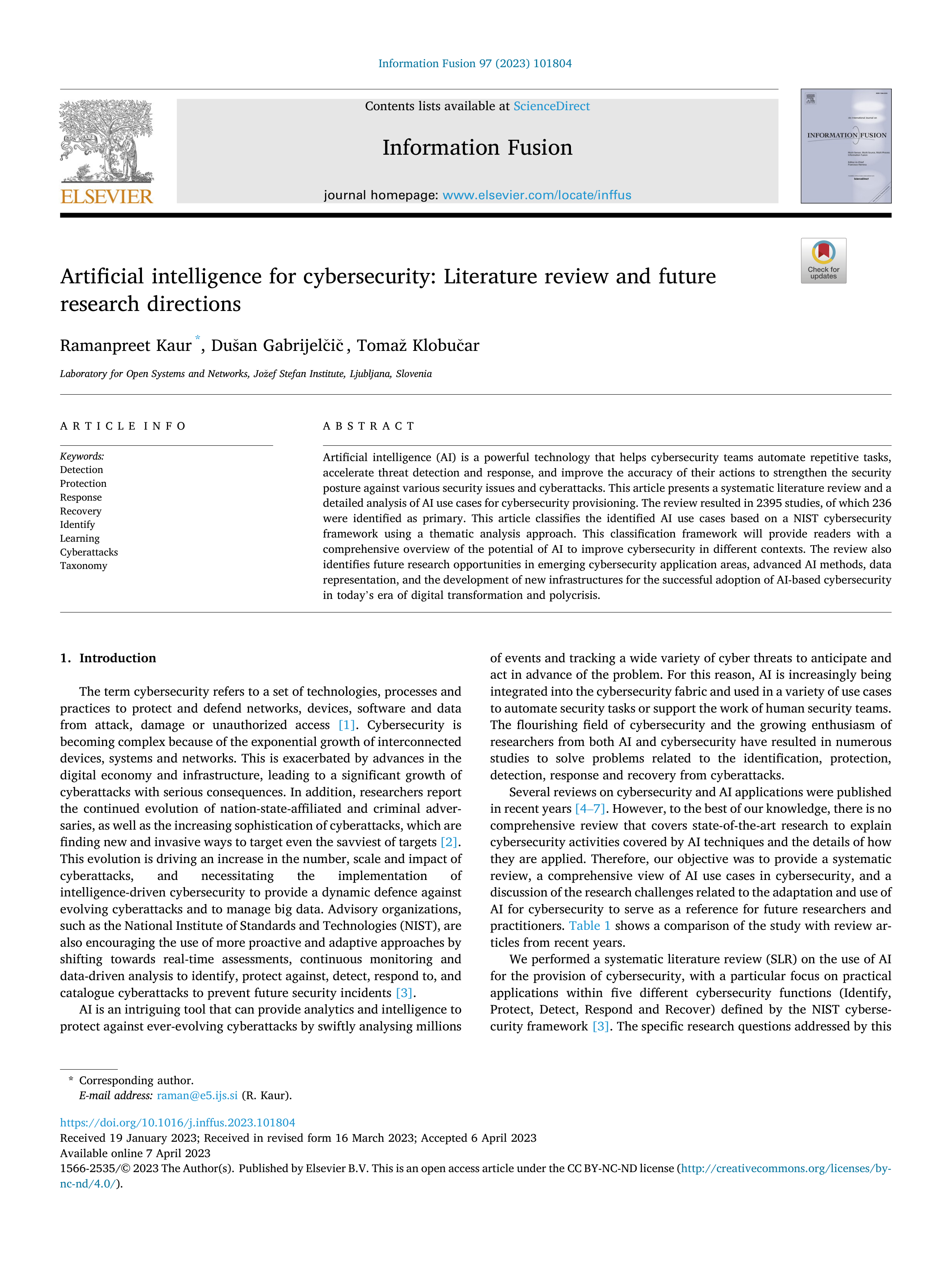 Artificial Intelligence Applications for Cybersecurity — page 1