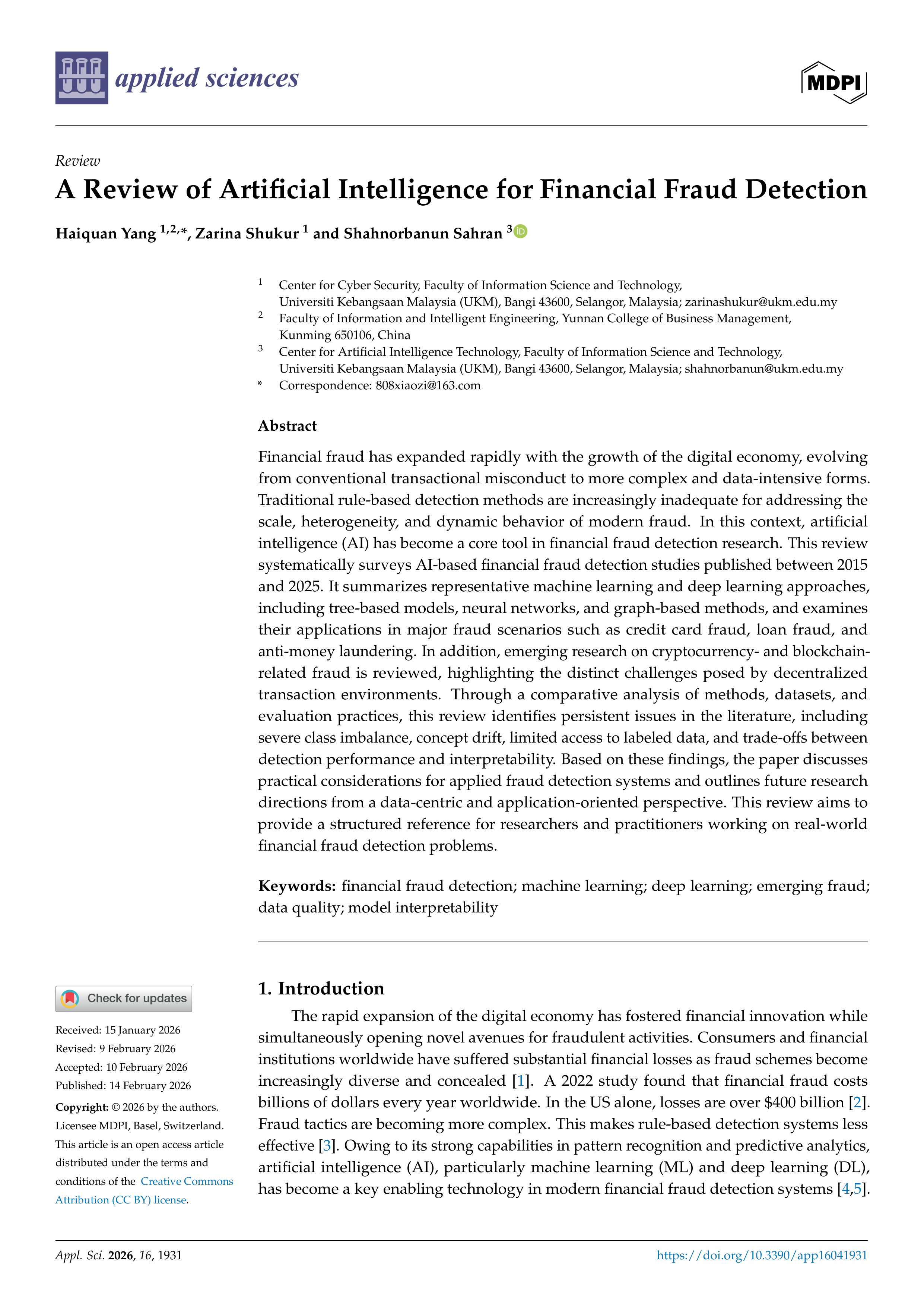 Artificial Intelligence Applications for Financial Fraud Detection — page 1