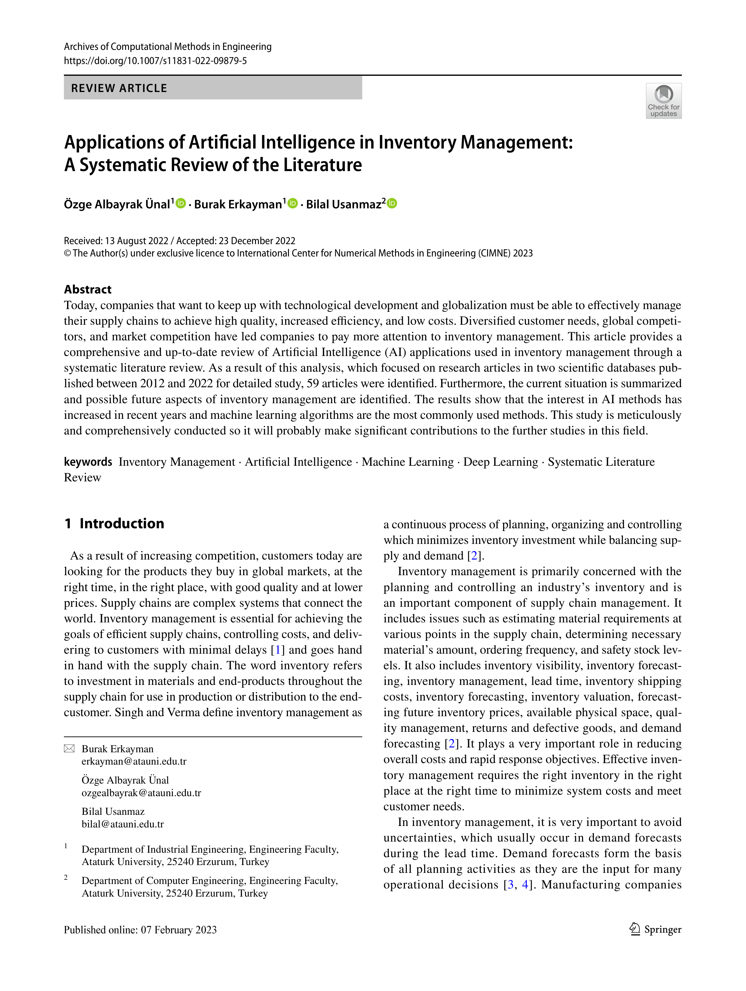 Artiﬁcial Intelligence Applications in Inventory Management — page 1
