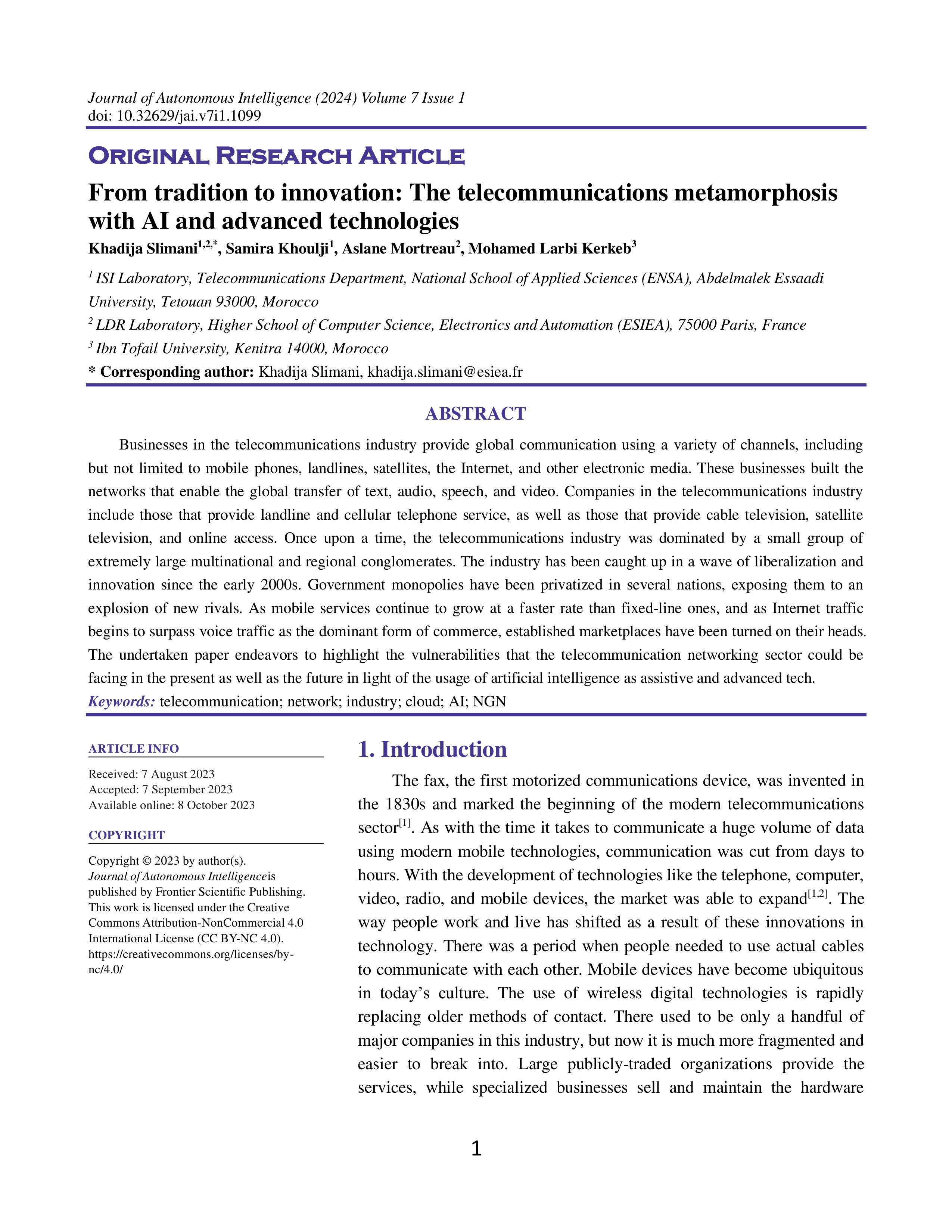 Artificial Intelligence Applications in Telecommunications — page 1