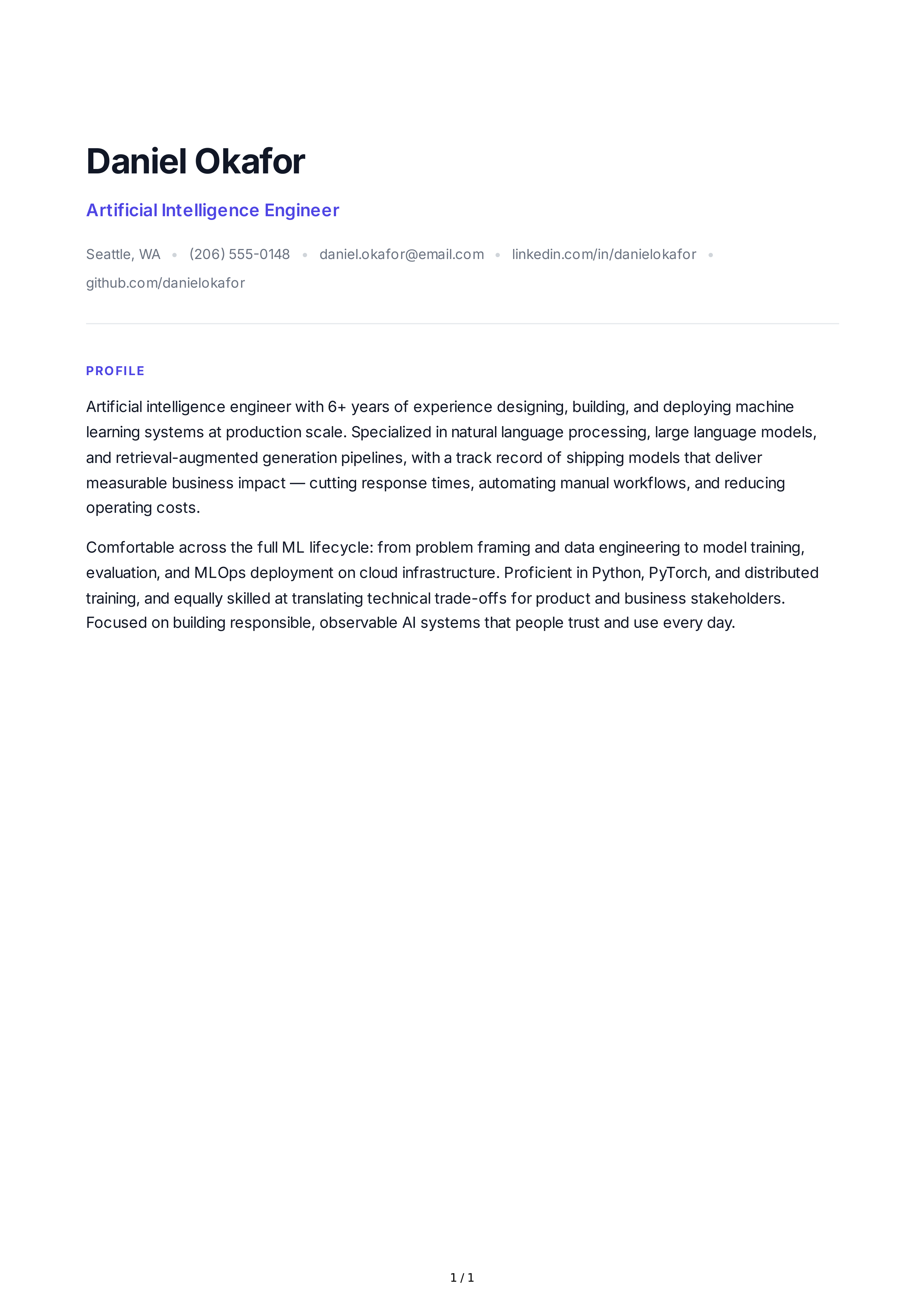 Artificial Intelligence Engineer Resume Profile — page 1