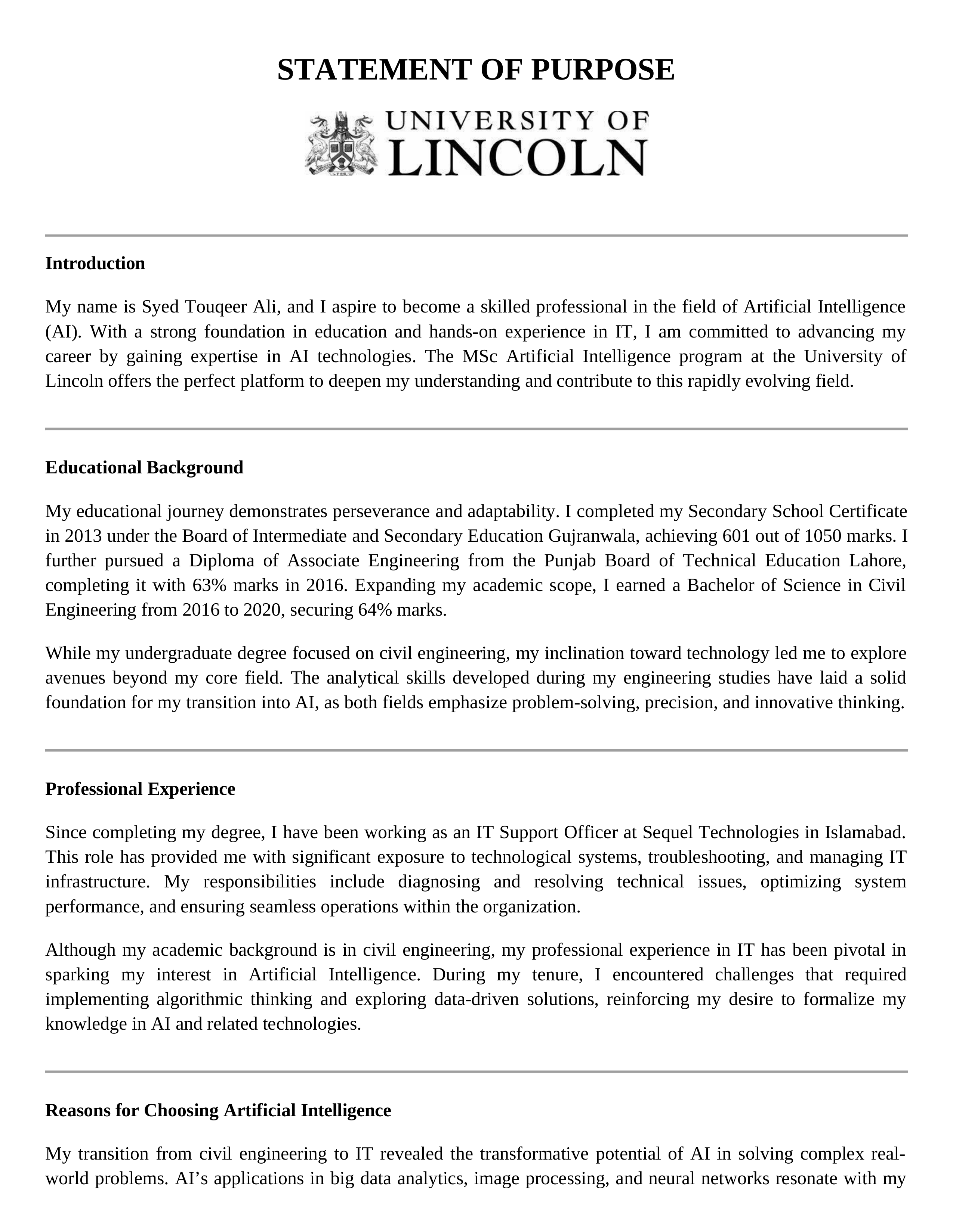 Artificial Intelligence Statement of Purpose — page 1