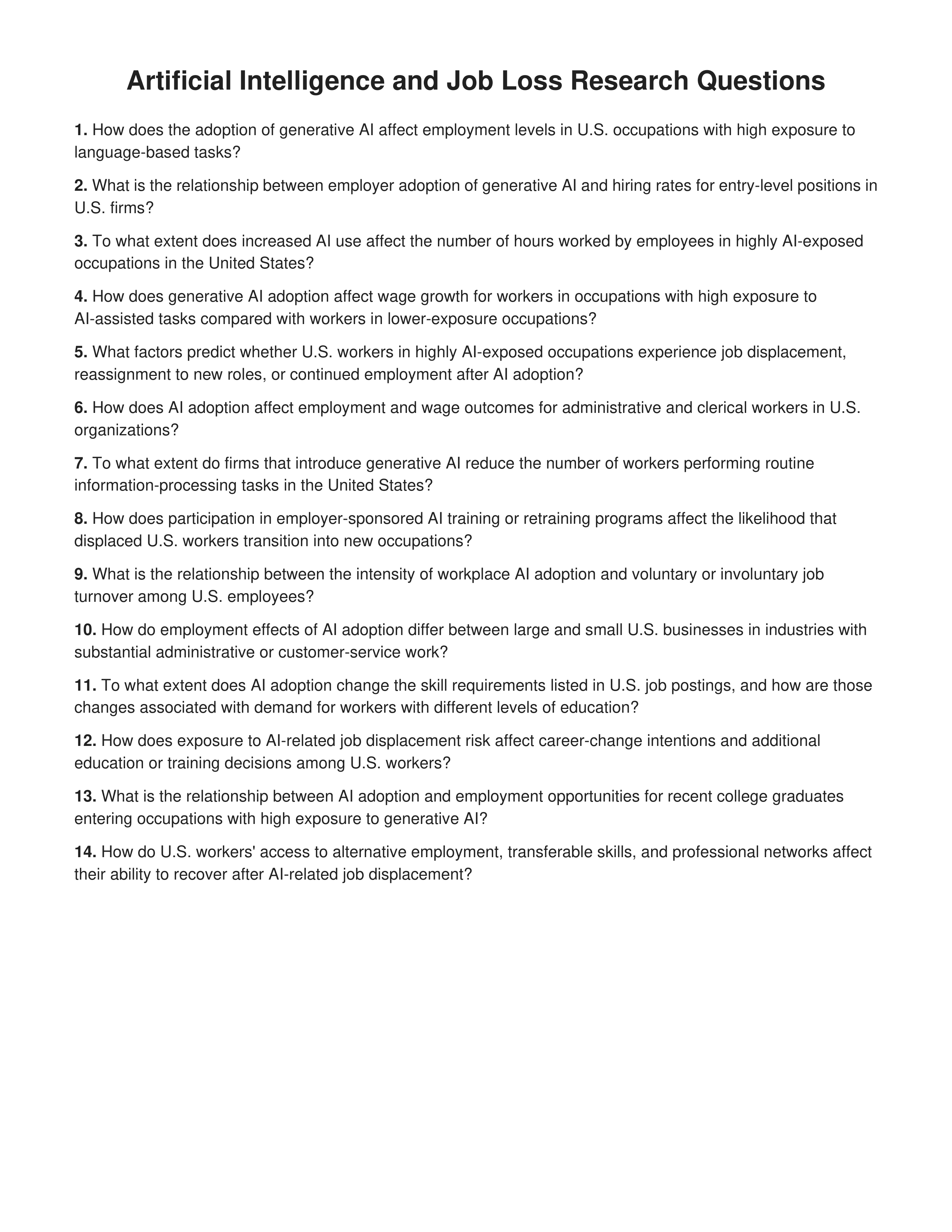 Artificial Intelligence and Job Loss Research Questions — page 1