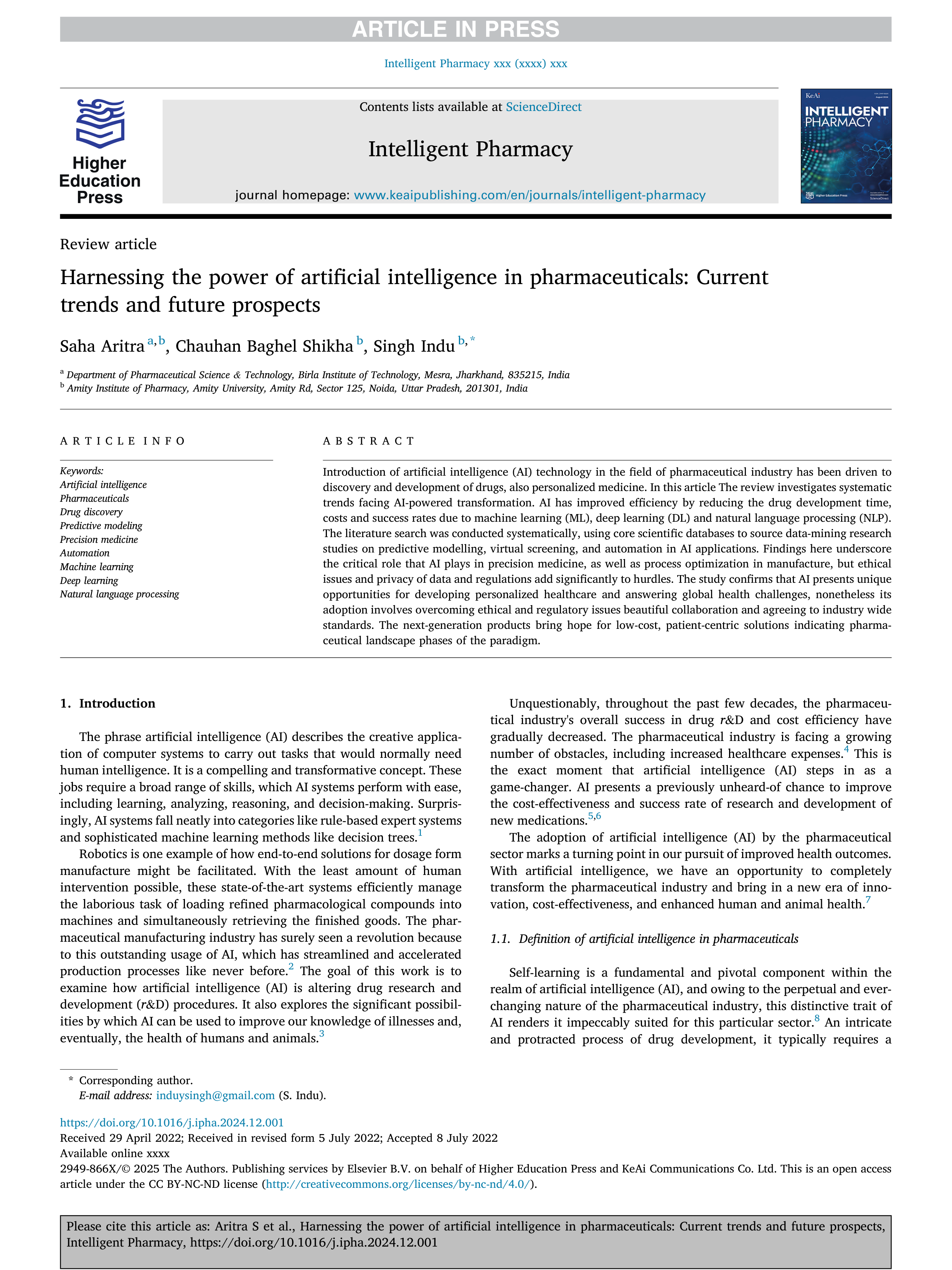 Artiﬁcial Intelligence applications in pharmaceuticals — page 1