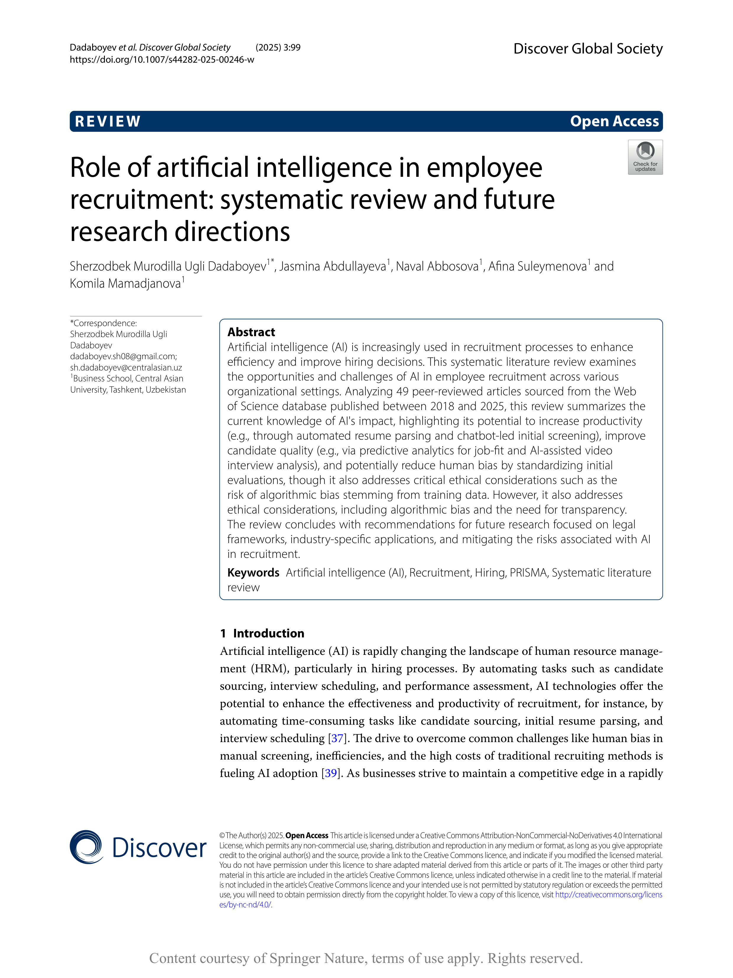 Artiﬁcial intelligence Applications in Employee Recruitment — page 1