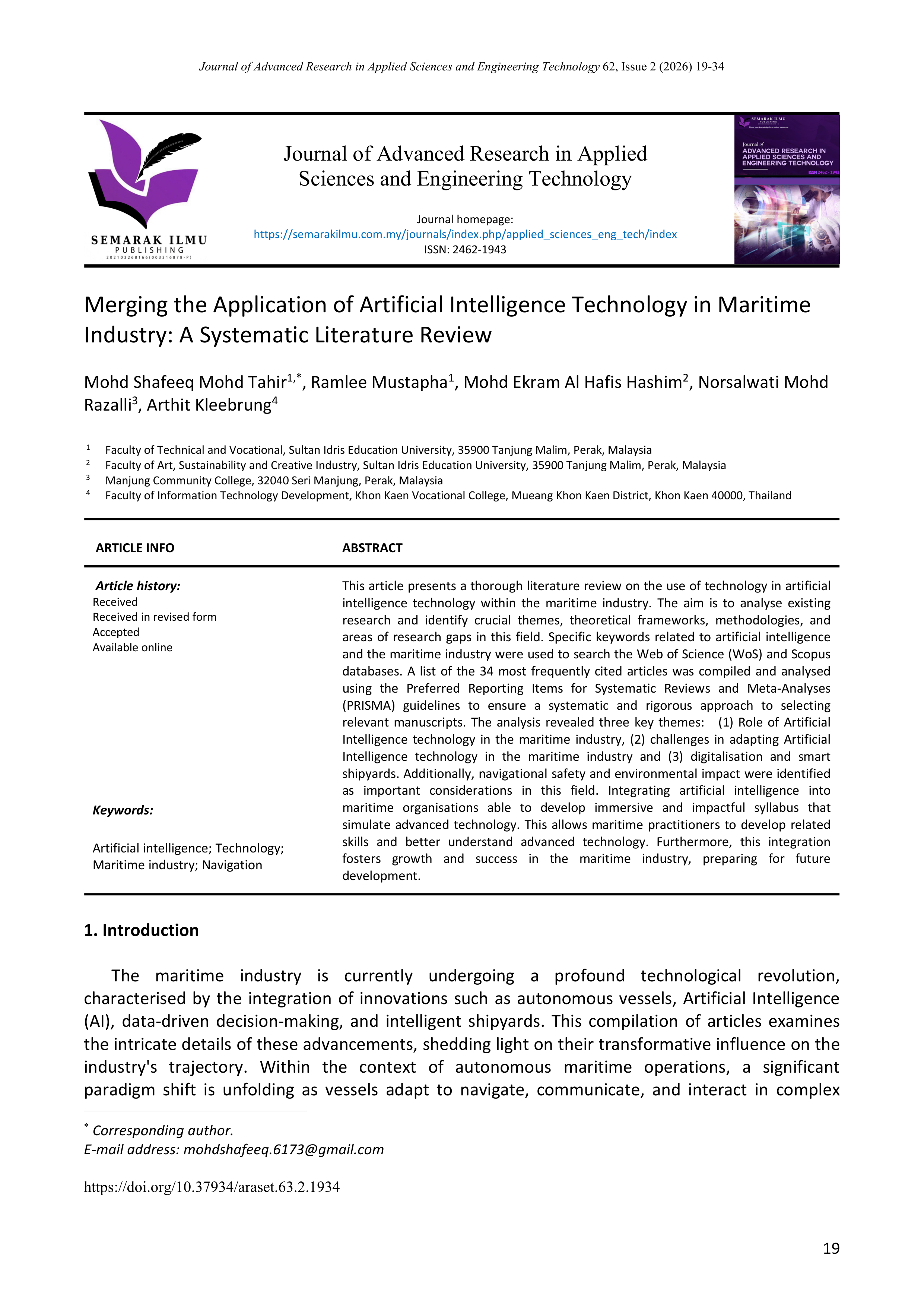 Artiﬁcial intelligence Applications in Maritime Industry — page 1