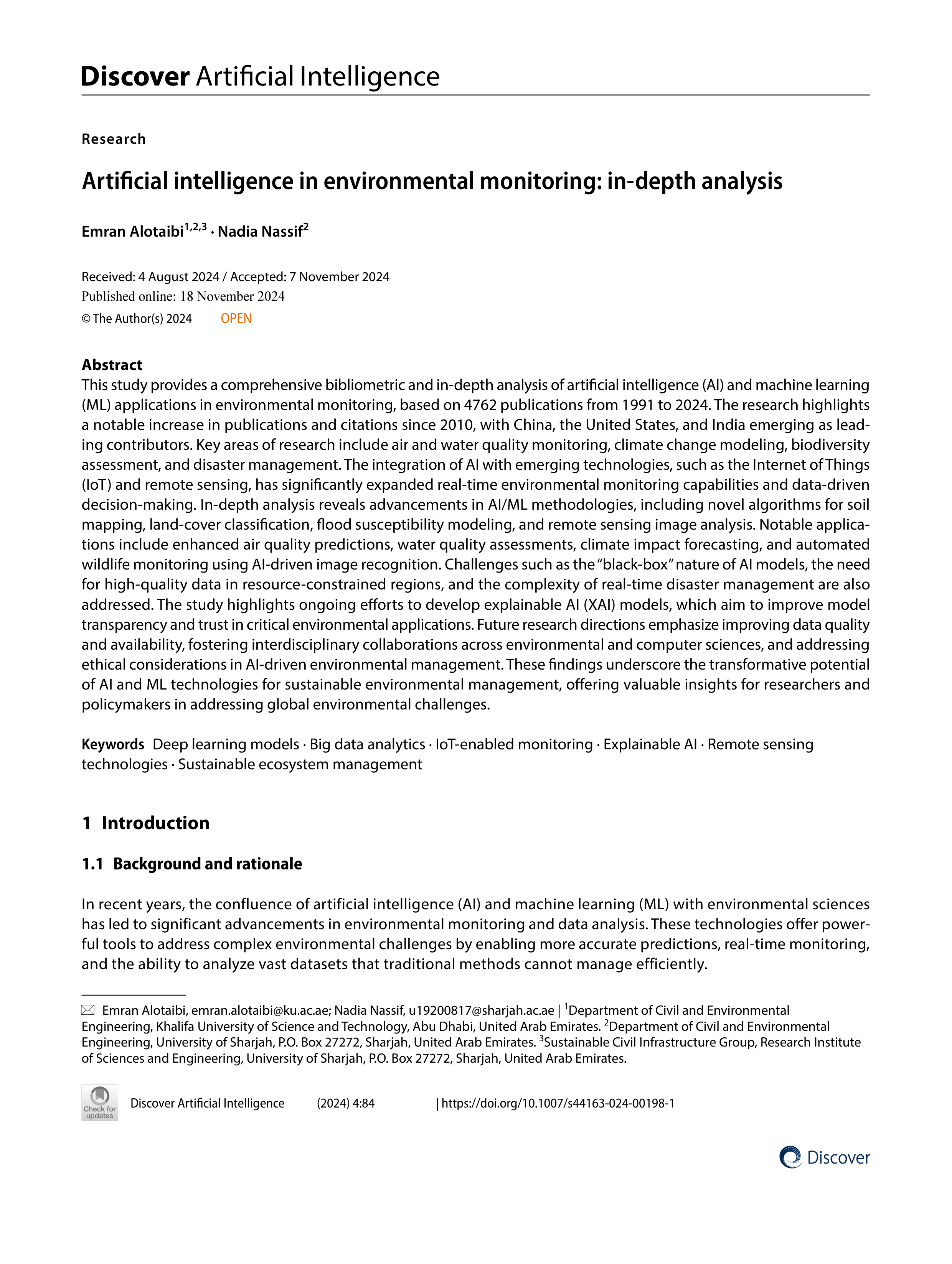 Artiﬁcial intelligence Applications in Environmental Monitoring — page 1