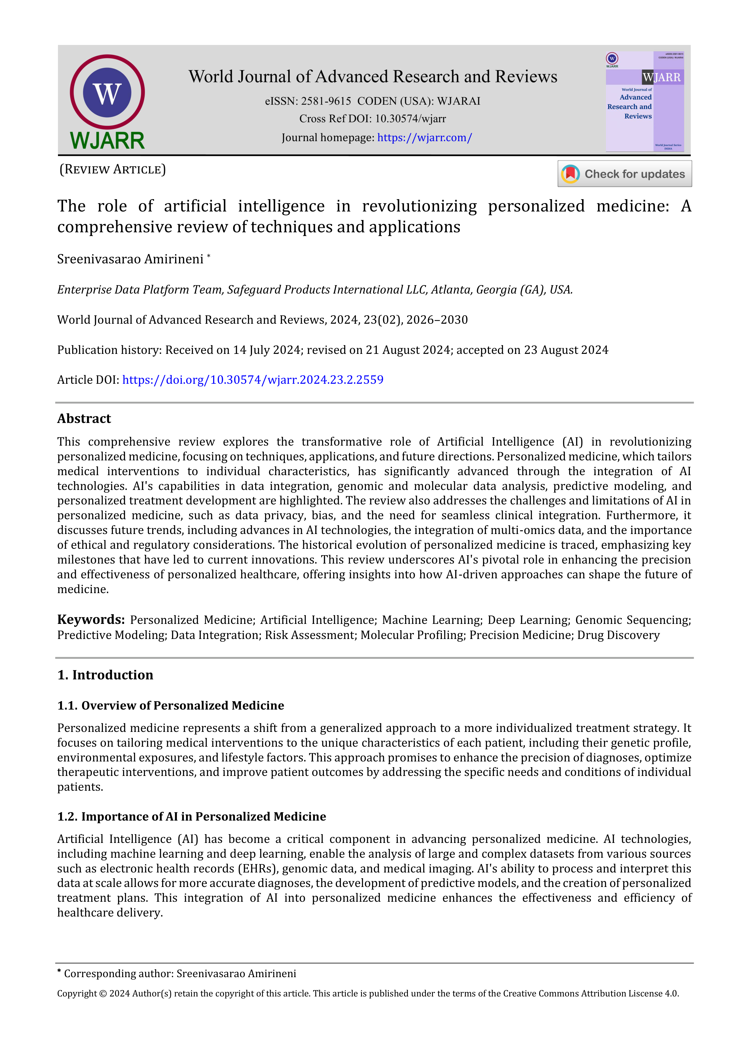Artiﬁcial Intelligence Applications in personalized medicine — page 1
