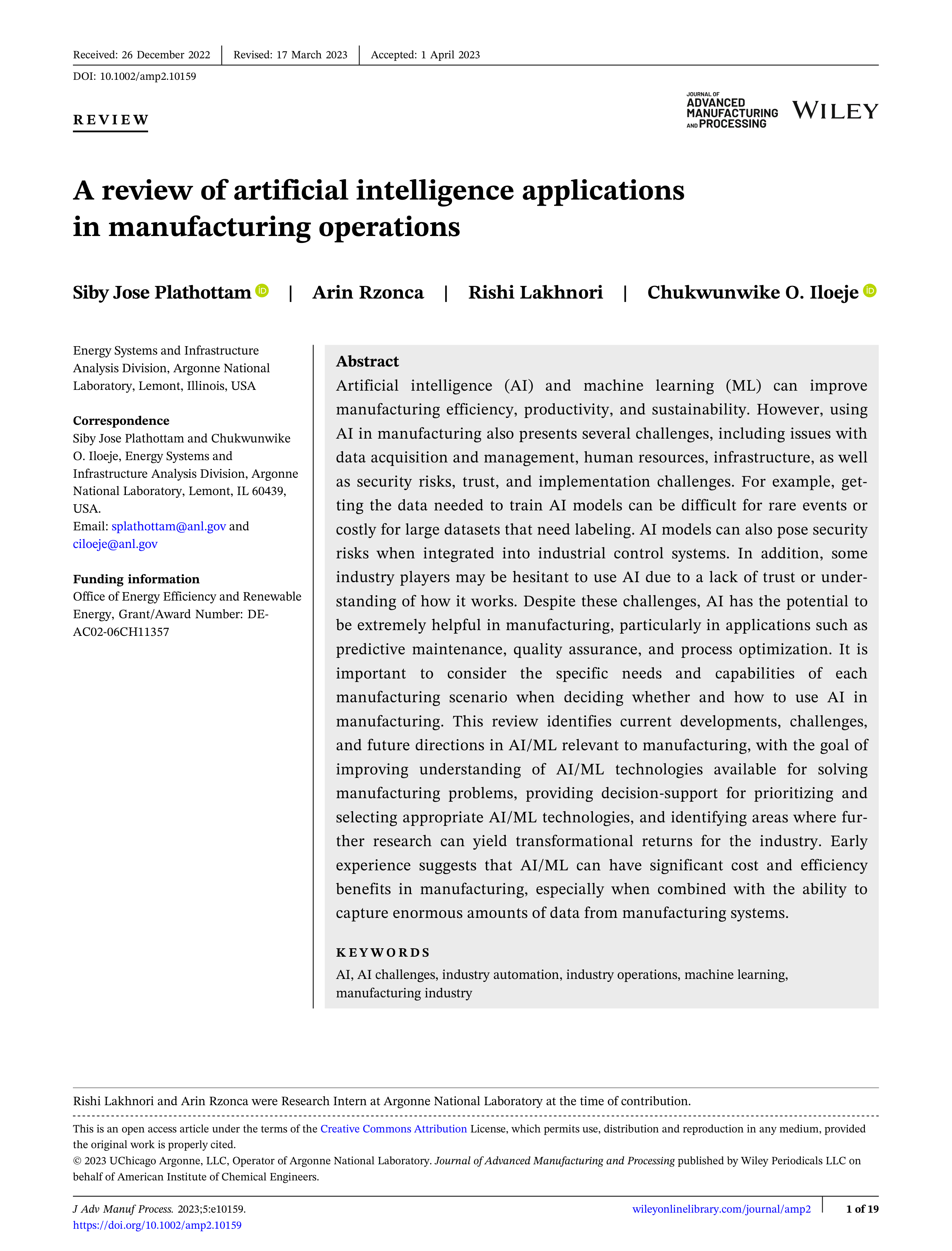 Artificial Intelligence Applications in Manufacturing Operations — page 1