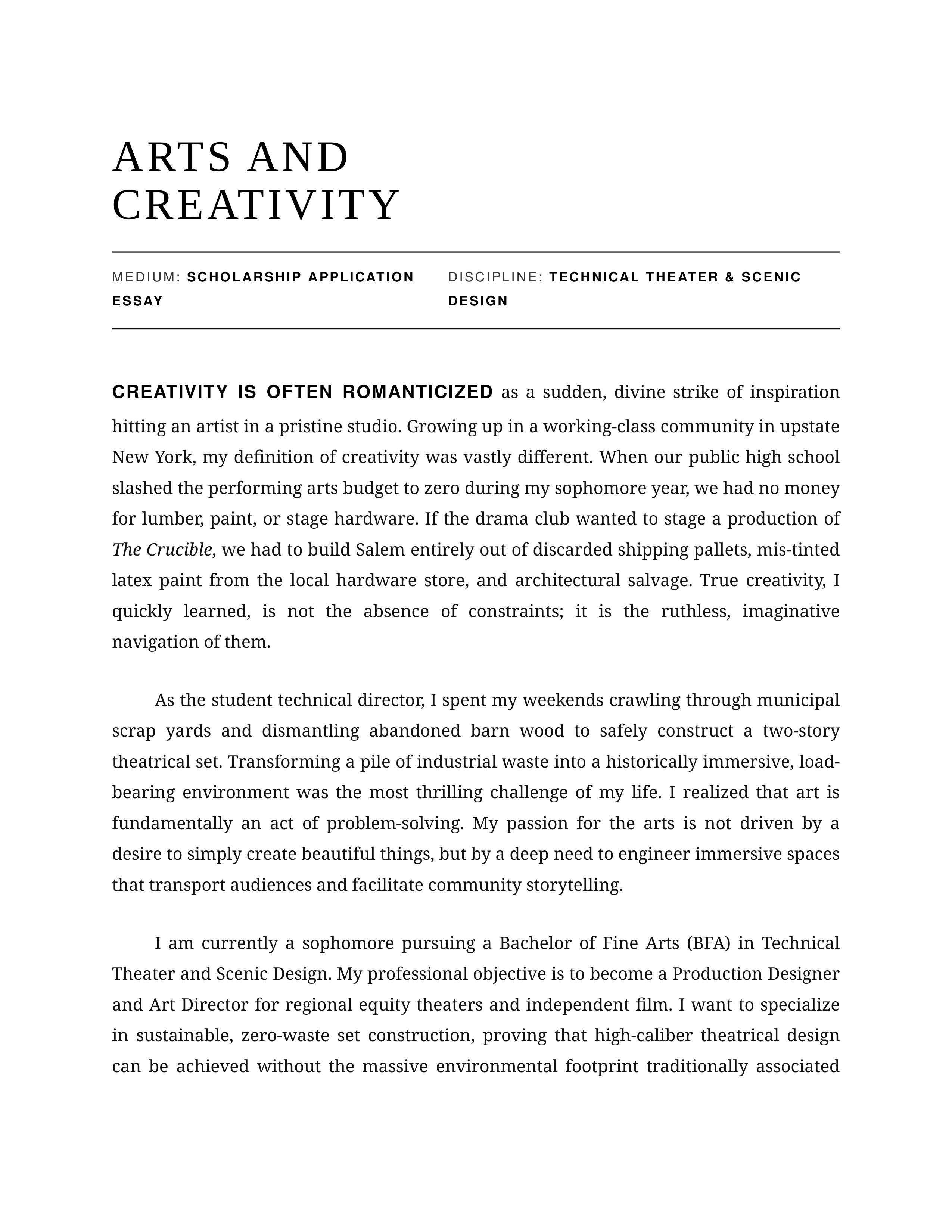 Arts and Creativity Scholarship Essay — page 1