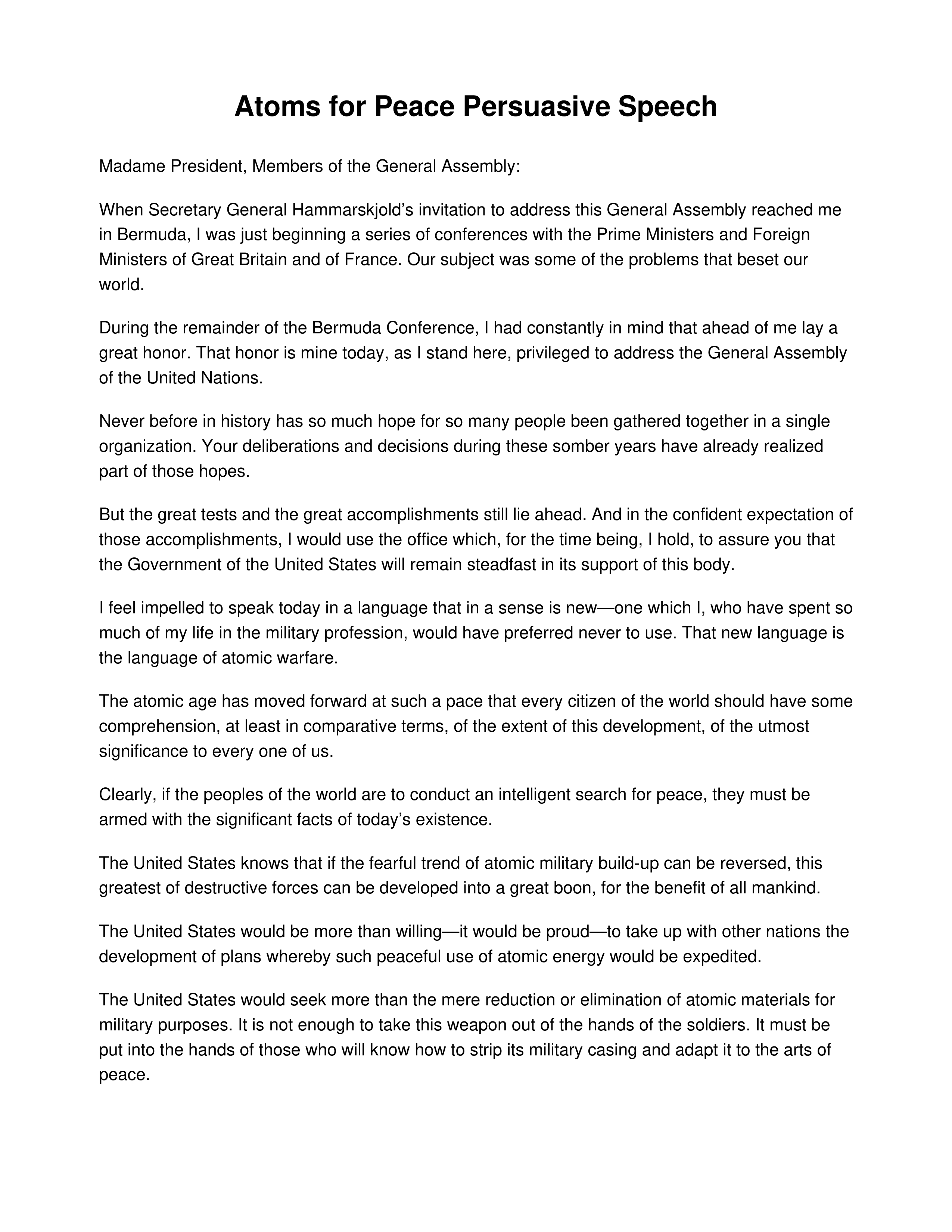 Atoms for Peace Persuasive Speech — page 1