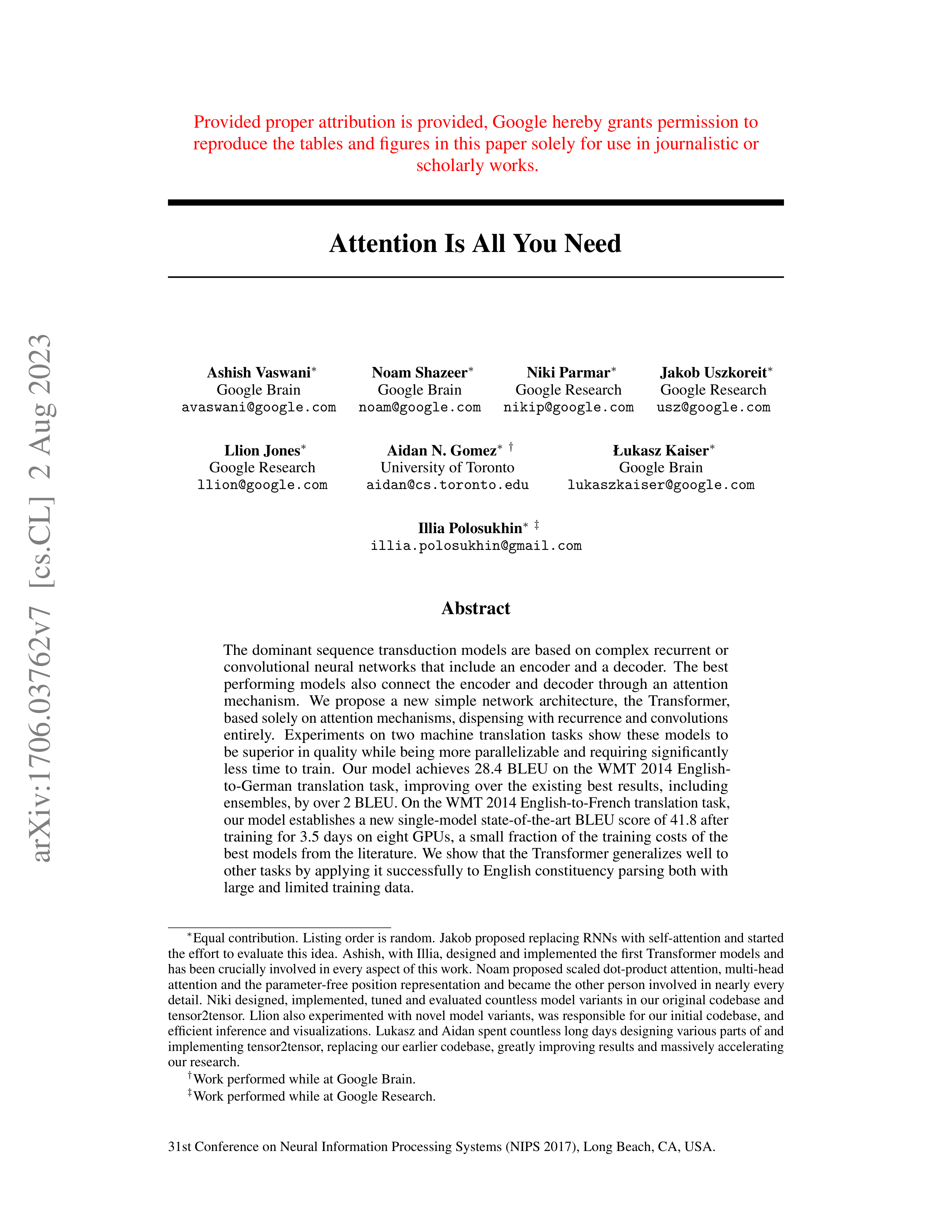 Attention Is All You Need Research Paper by Google — page 1