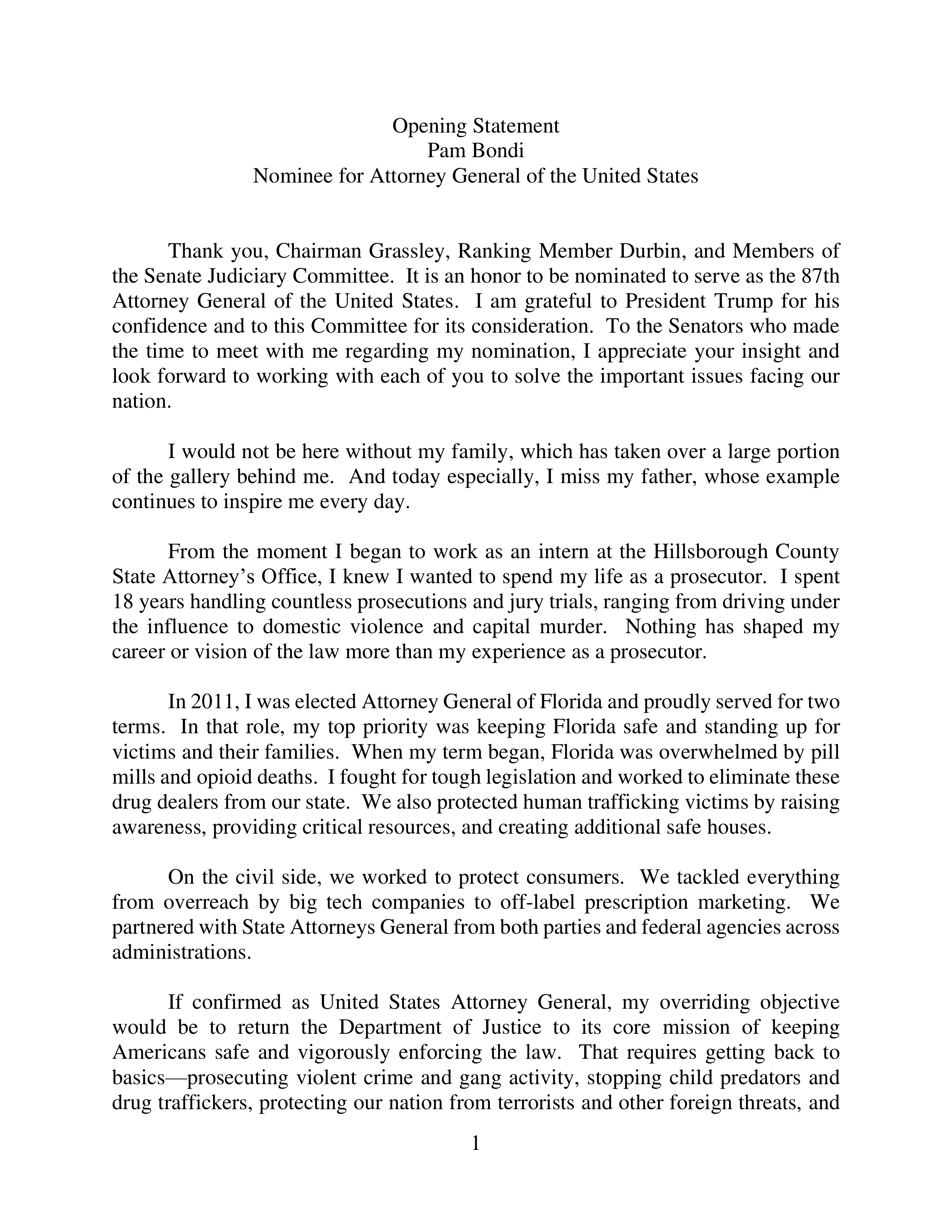 Attorney General Confirmation Hearing Opening Statement — page 1