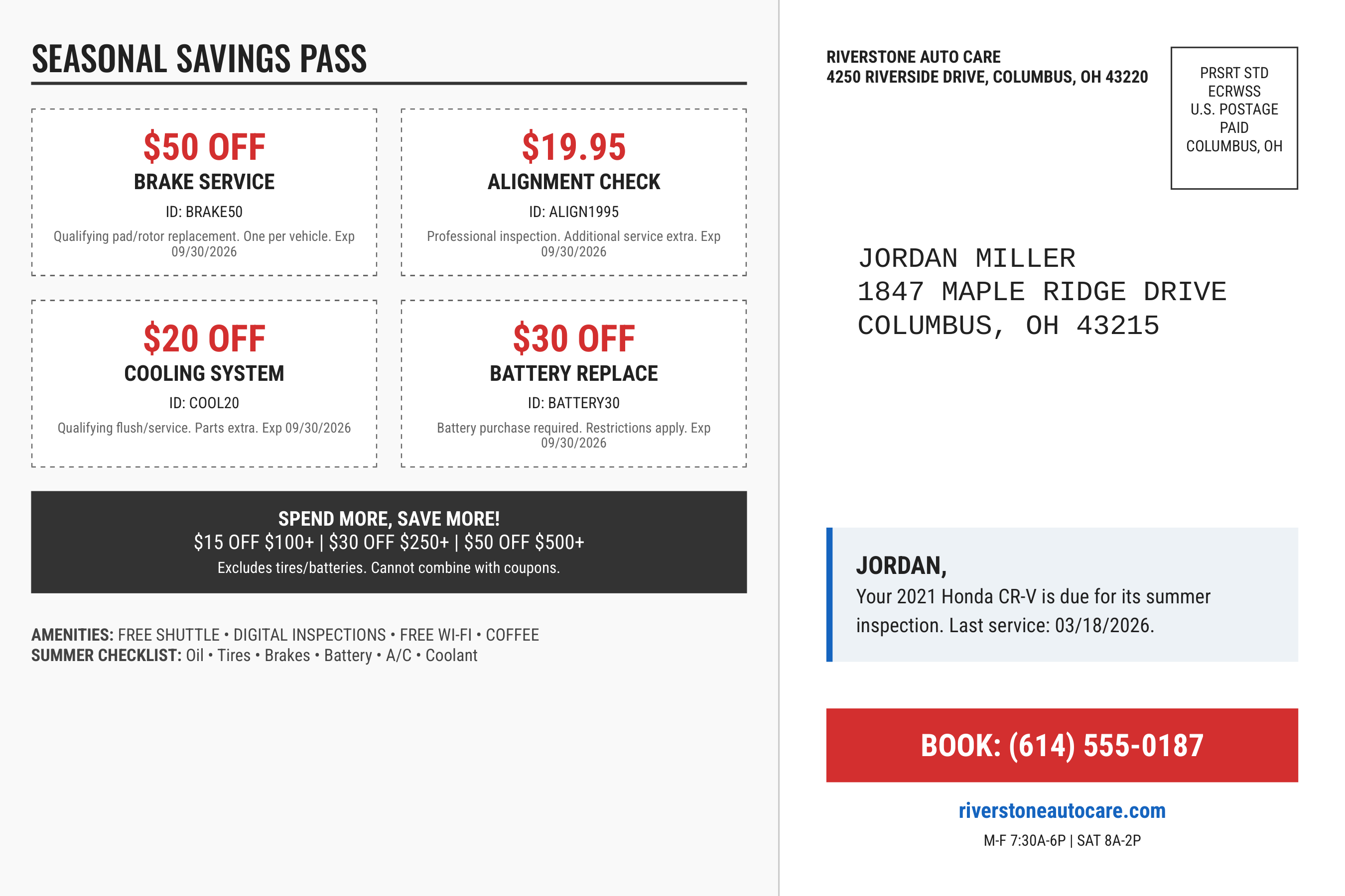 Auto Mechanic Multi-Coupon Seasonal Maintenance Postcard — page 2