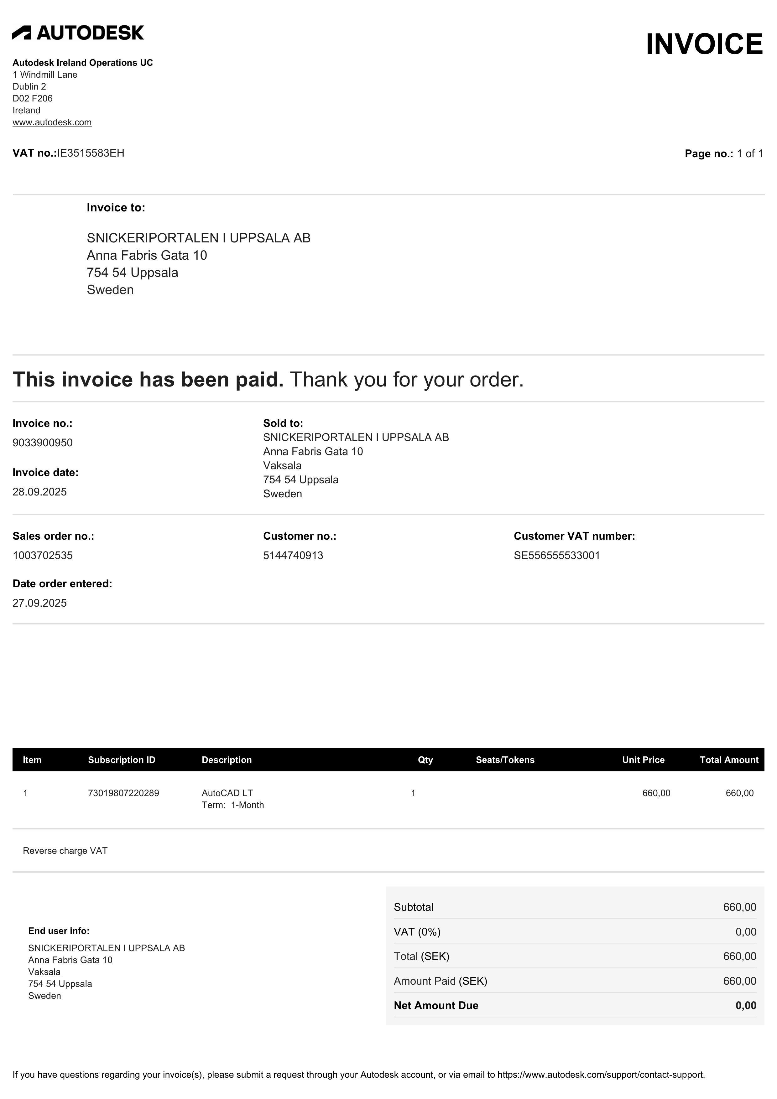 Autodesk Software Subscription Invoice — page 1