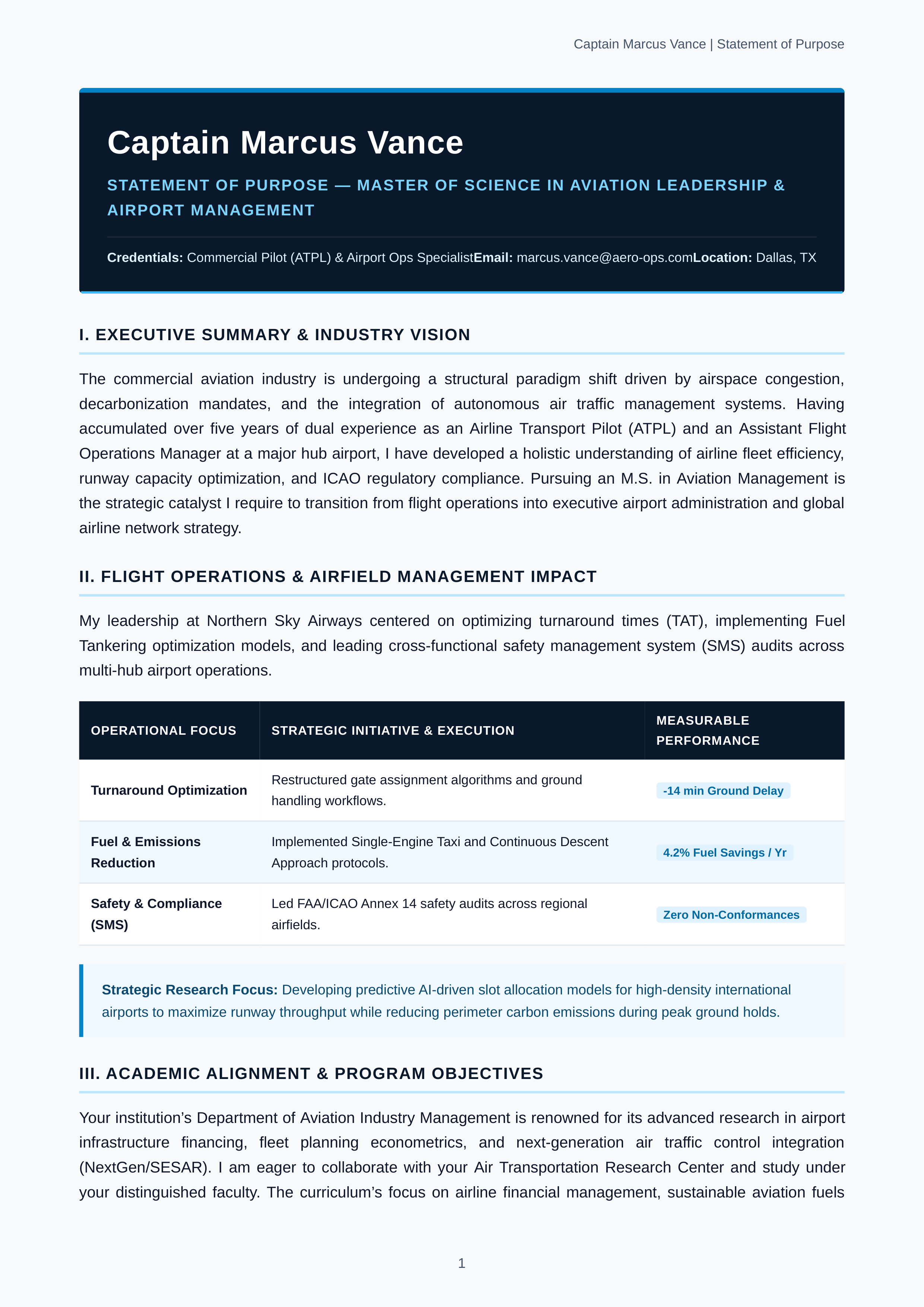 Aviation Management Statement of Purpose — page 1