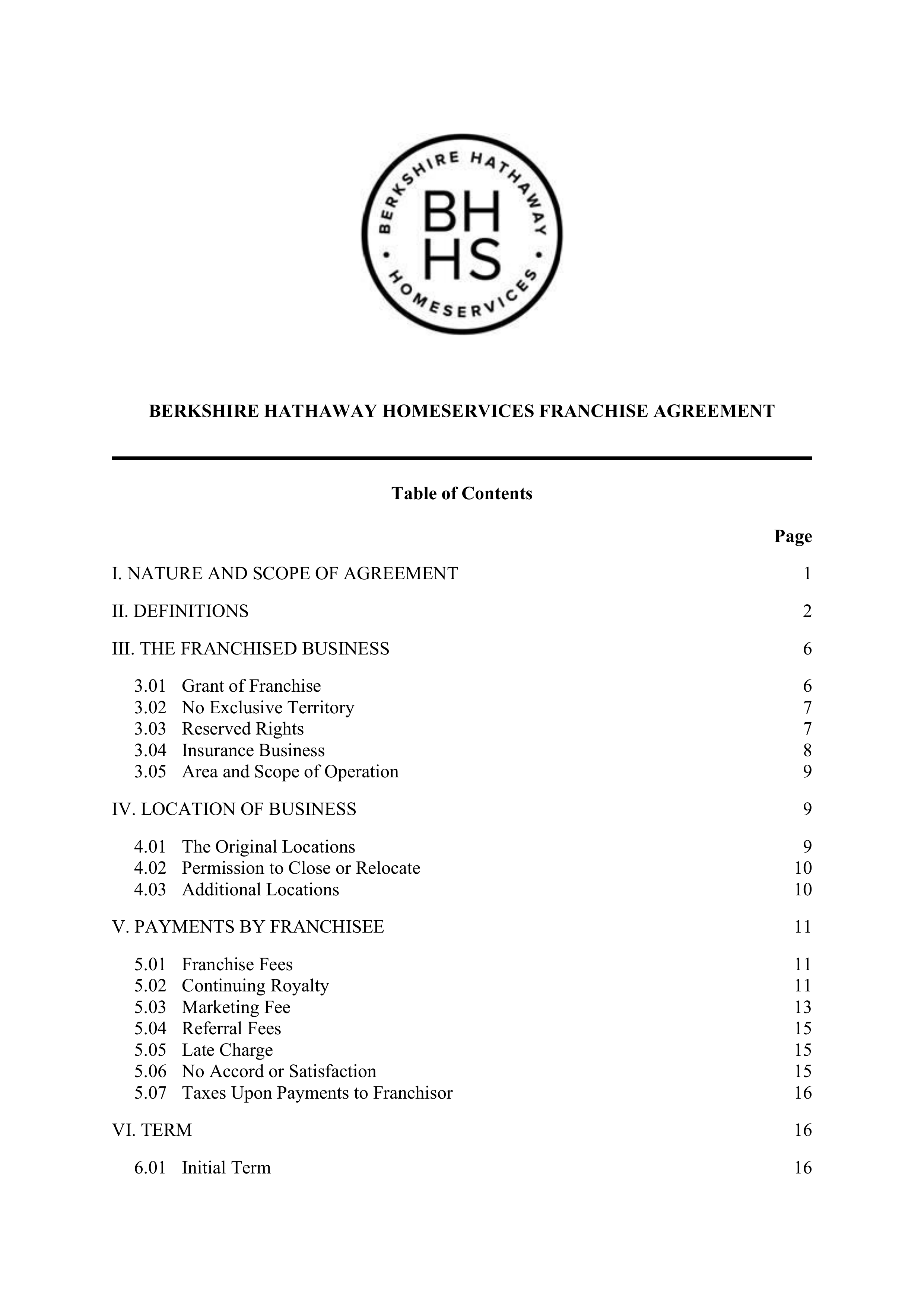 BERKSHIRE HATHAWAY HOMESERVICES FRANCHISE AGREEMENT — page 1
