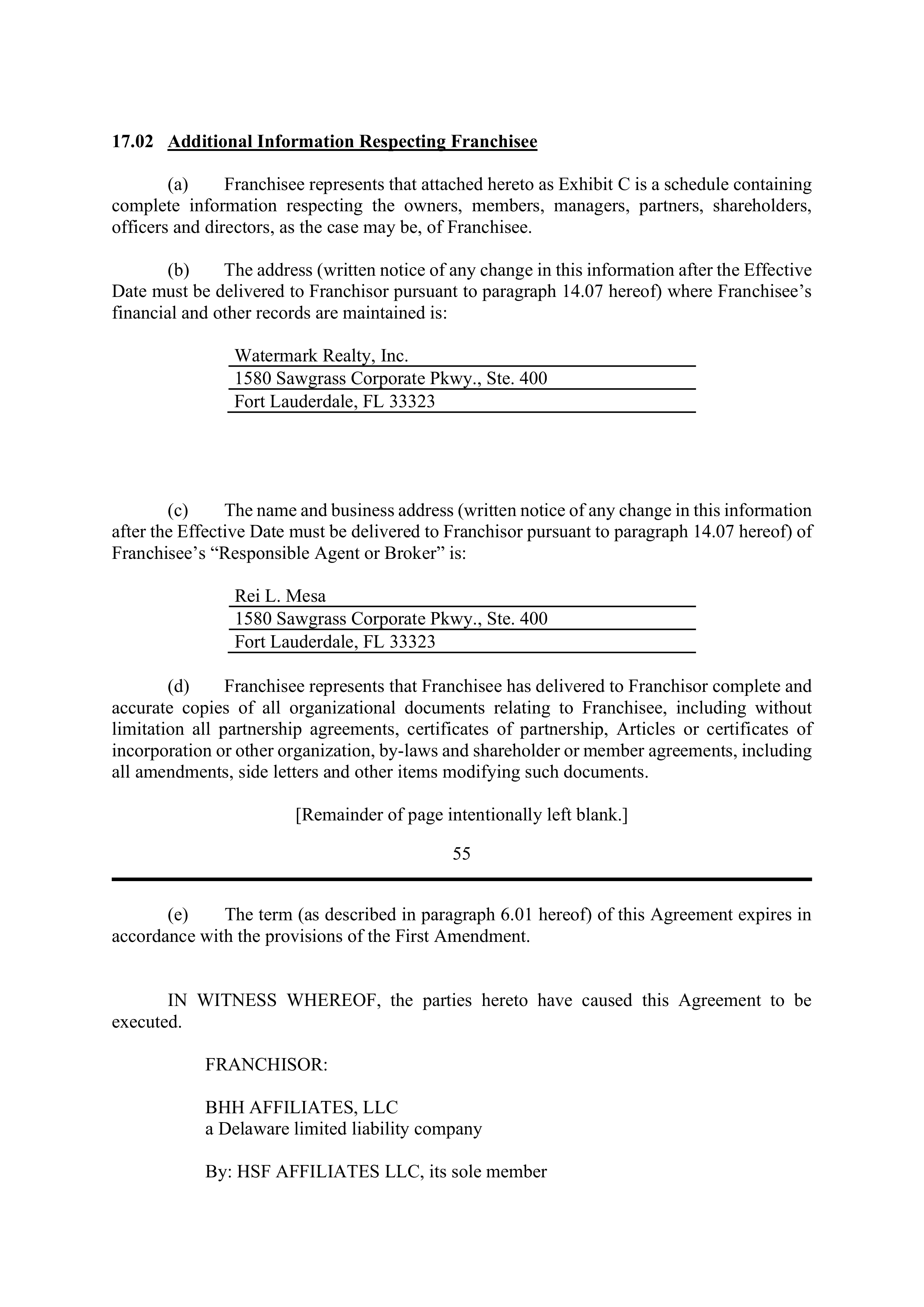 BERKSHIRE HATHAWAY HOMESERVICES FRANCHISE AGREEMENT — page 62