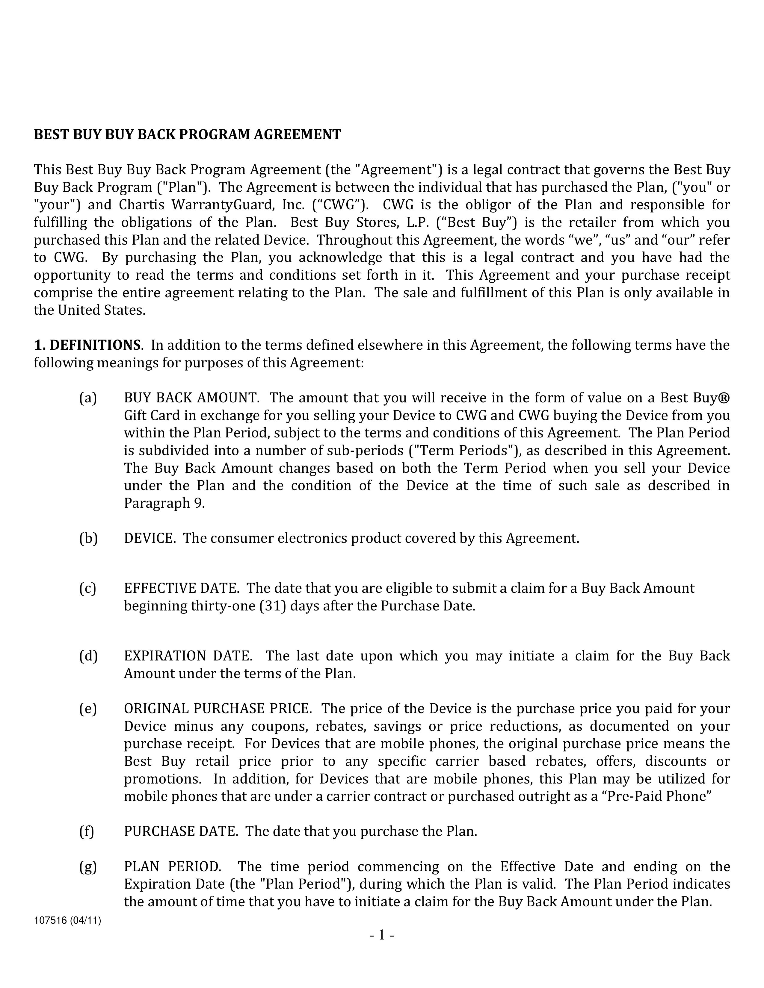 BEST BUY BACK PROGRAM AGREEMENT — page 1