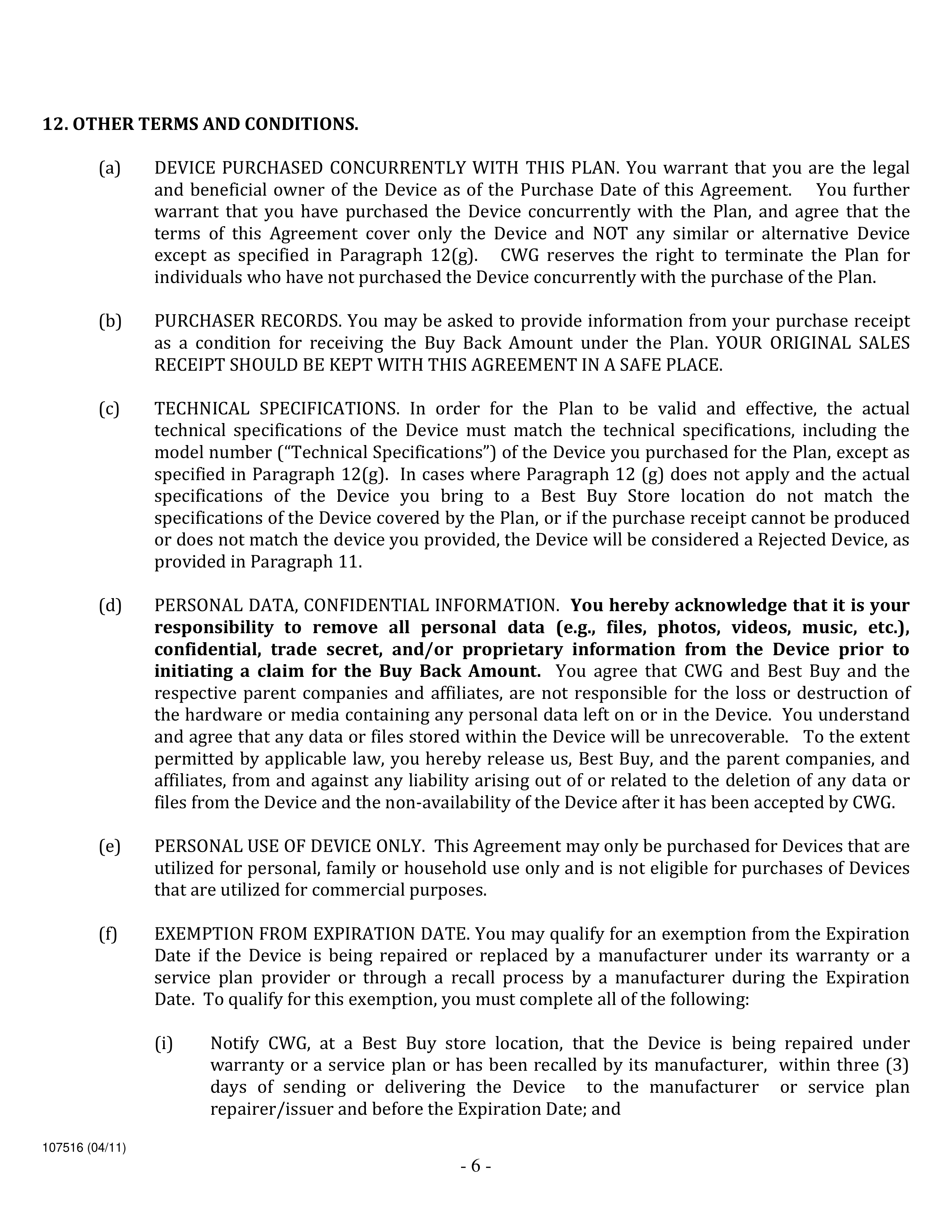 BEST BUY BACK PROGRAM AGREEMENT — page 6