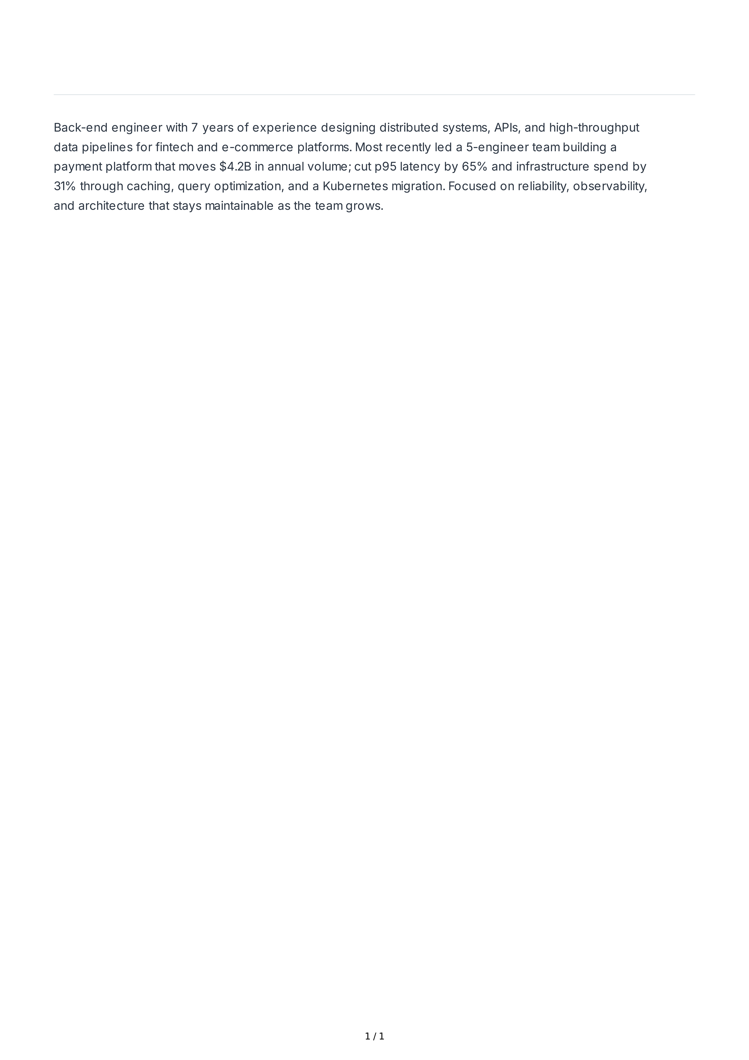 Back-End Developer Resume Summary — page 1