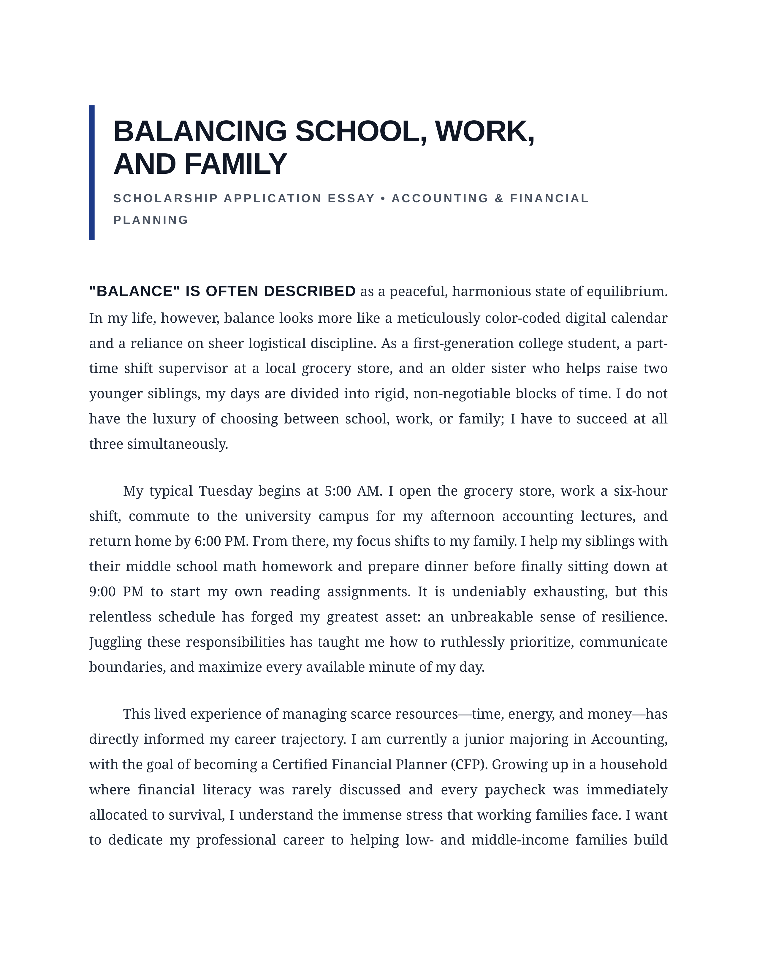 Balancing School Work and Family Scholarship Essay — page 1