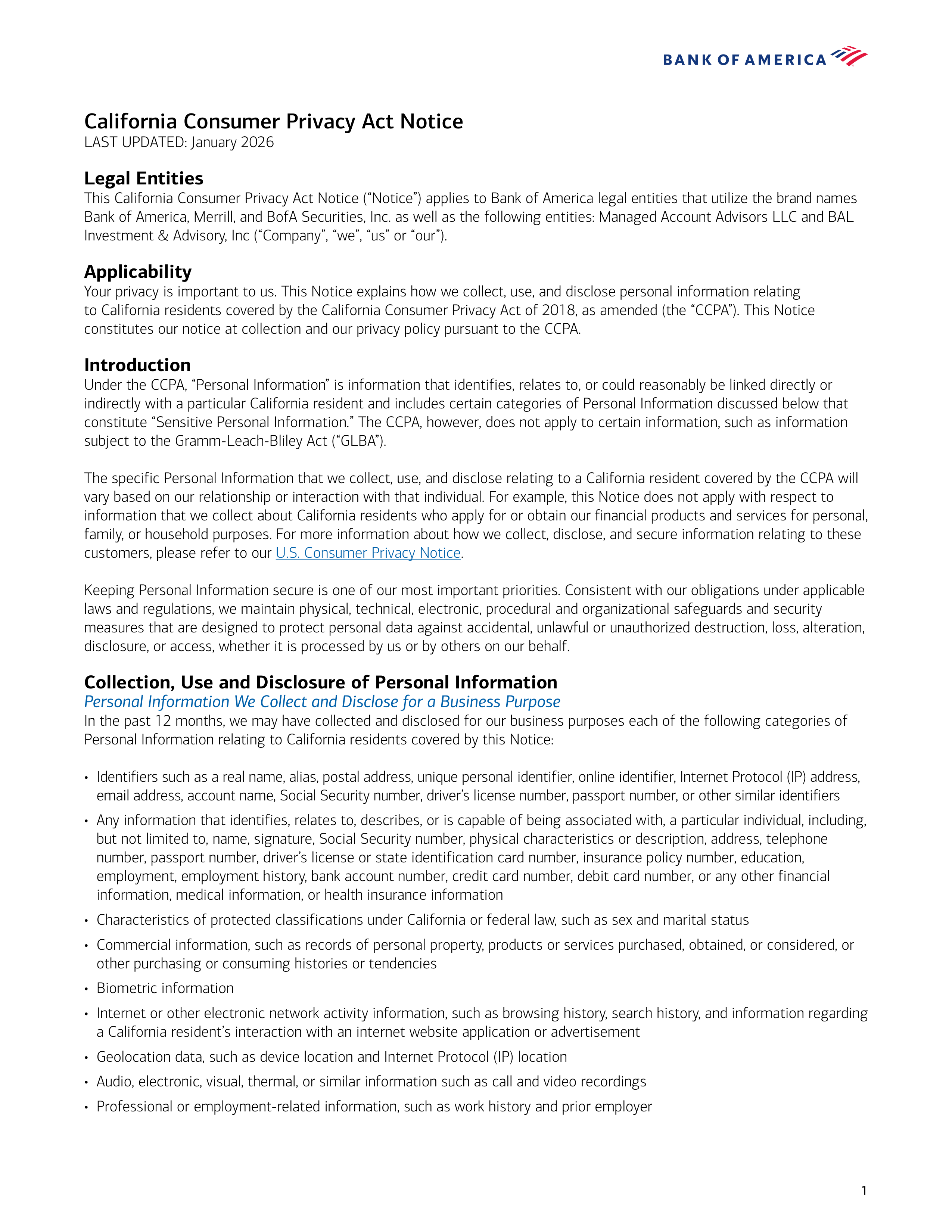 Bank of America California Consumer Privacy Act Notice — page 1