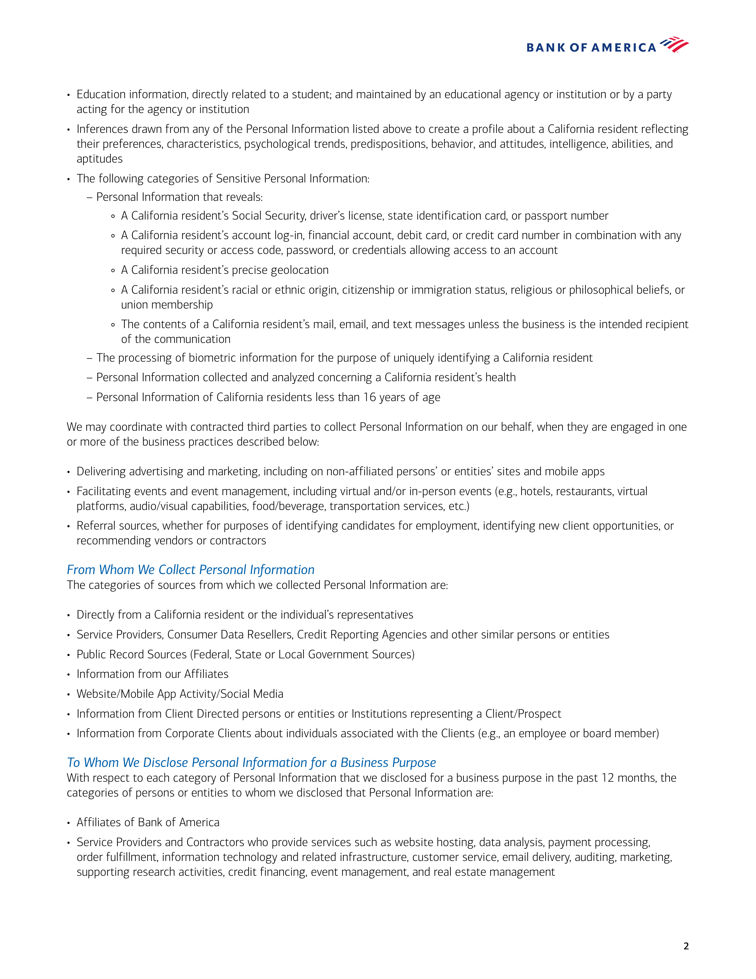 Bank of America California Consumer Privacy Act Notice — page 2